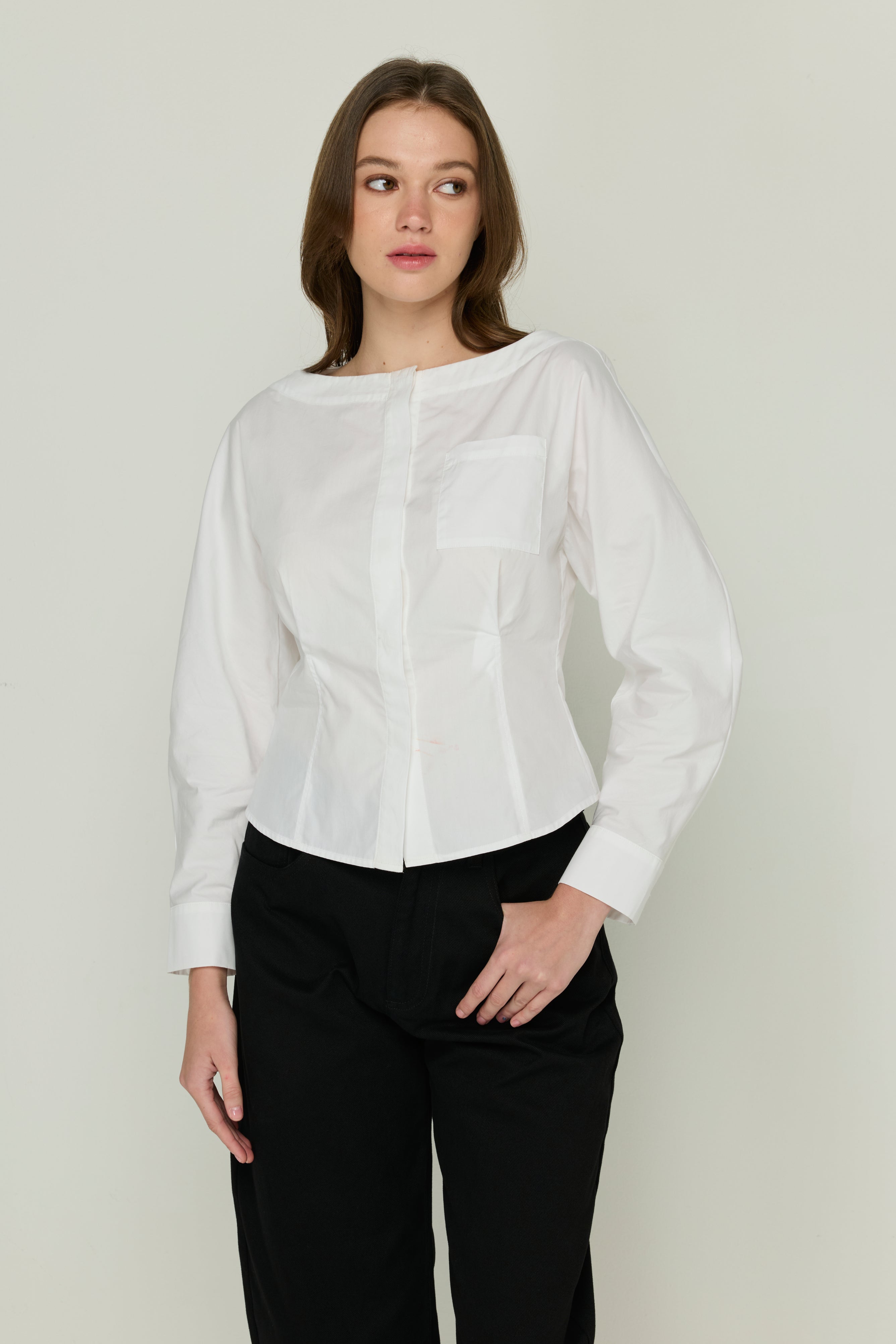 WAIST CINCHED BROWN LONG-SLEEVED SHIRT