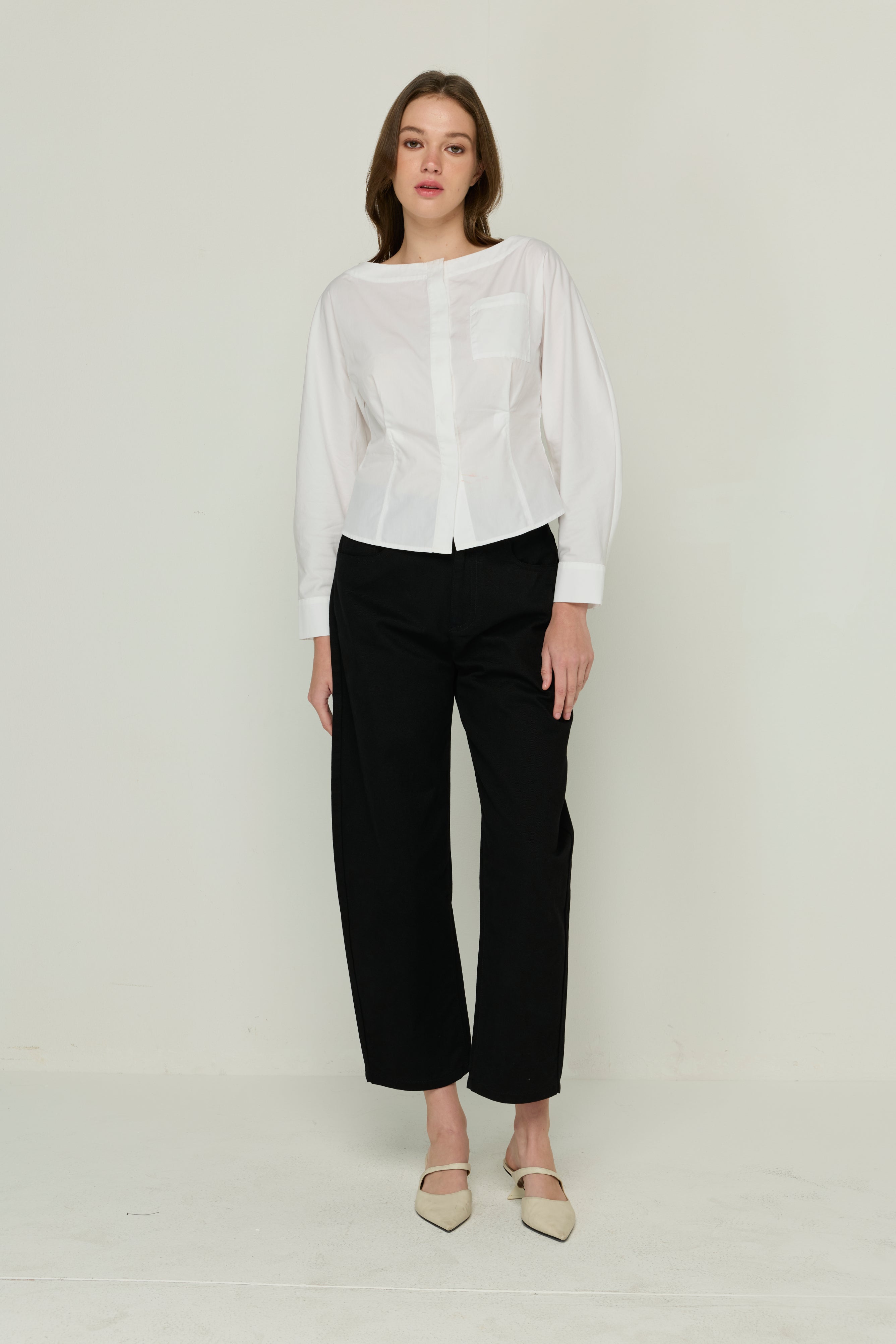 WAIST CINCHED BROWN LONG-SLEEVED SHIRT