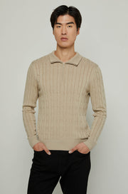 CABLE JACQUARD LONG SLEEVE POLO Beige / XXL