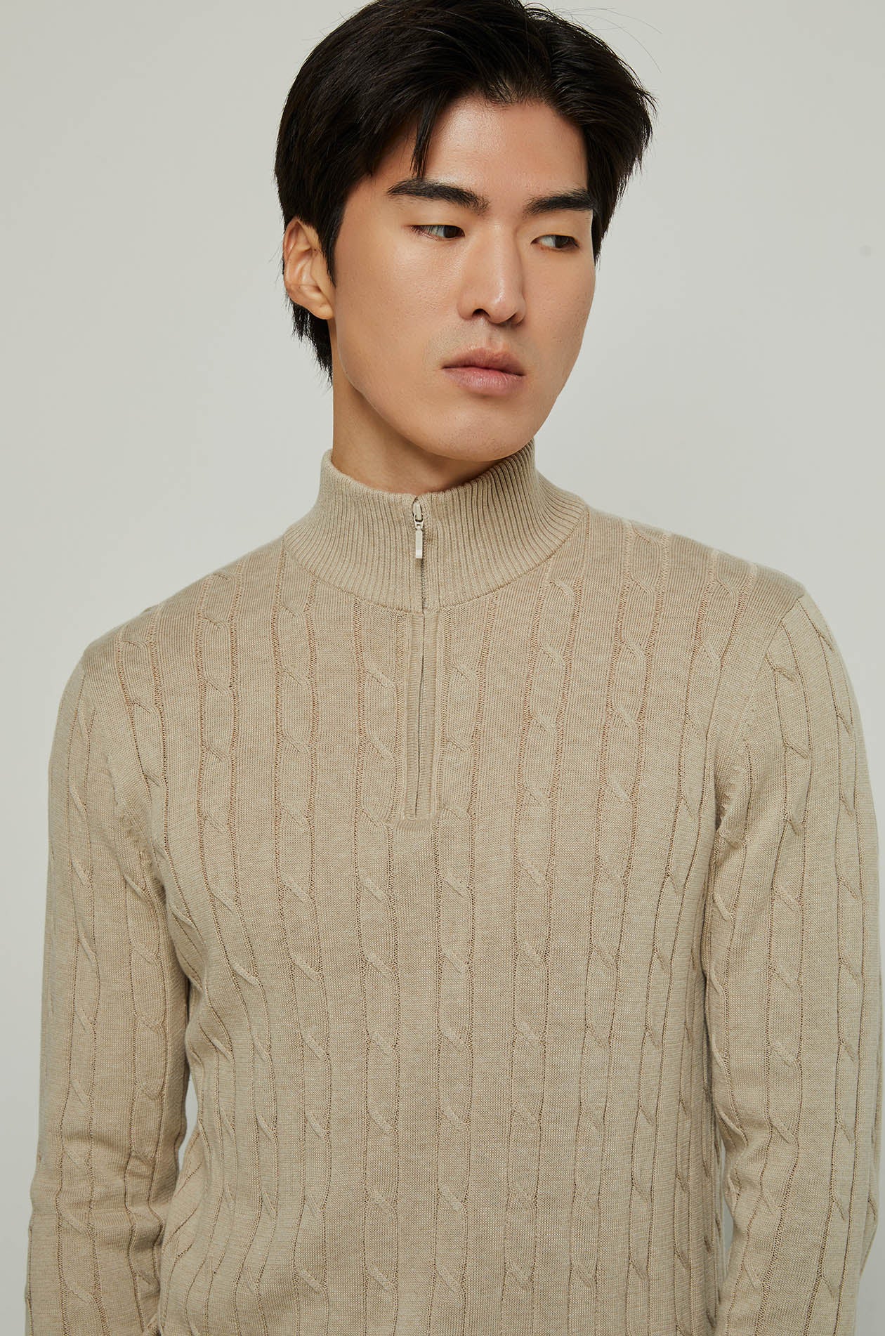 CABLE JACQUARD LONG SLEEVE POLO Beige / XXL