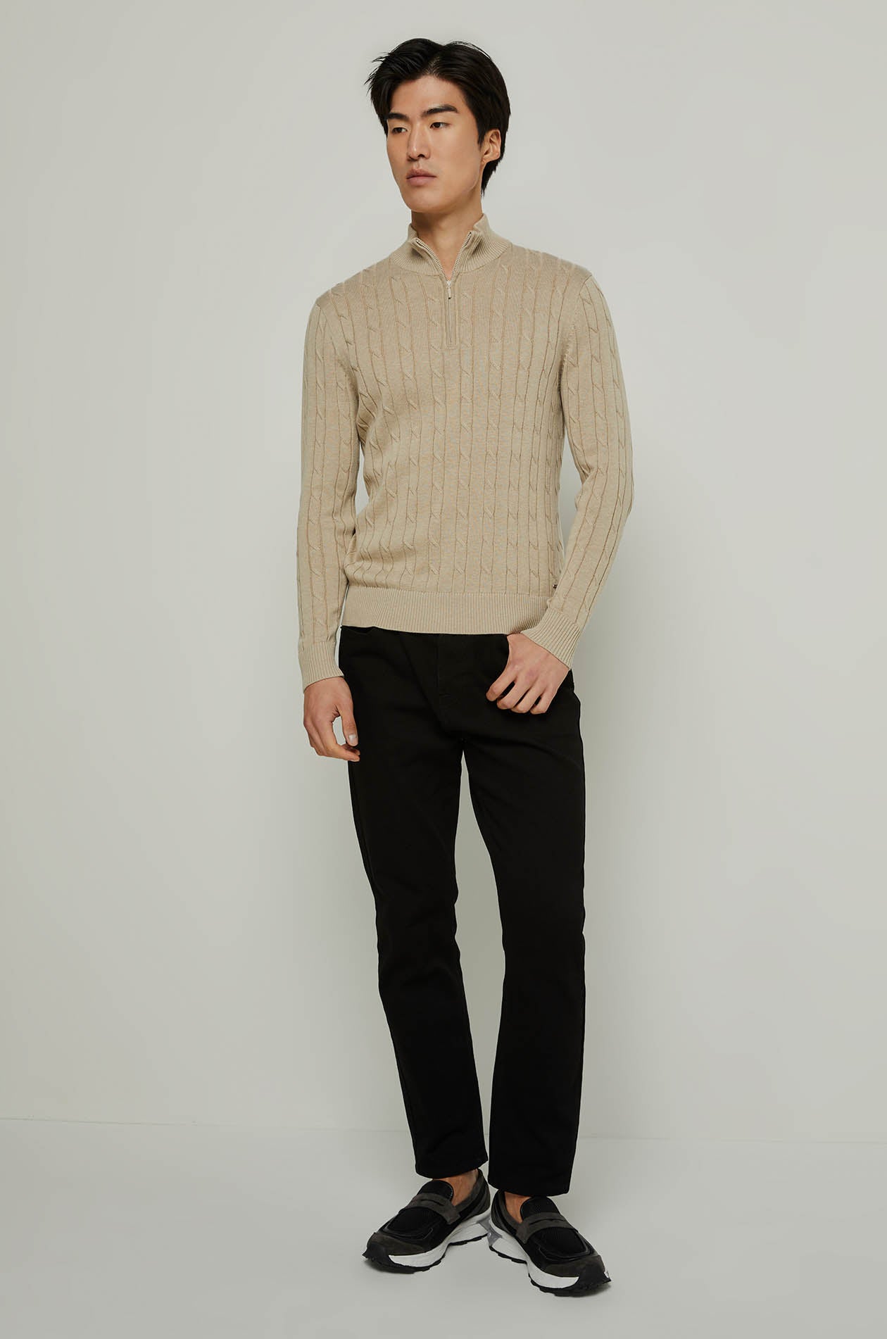 CABLE JACQUARD LONG SLEEVE POLO Beige / XXL