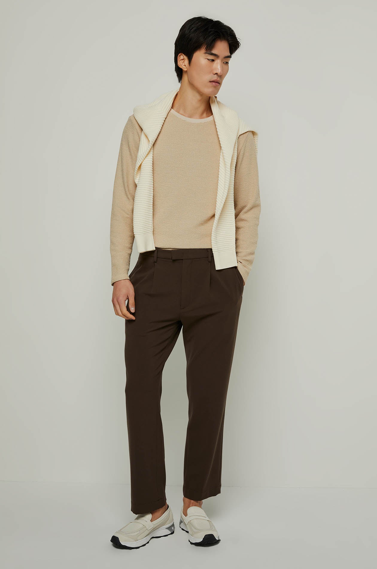 CROCHET TEXTURED KNITTED PULLOVER Beige / XXL