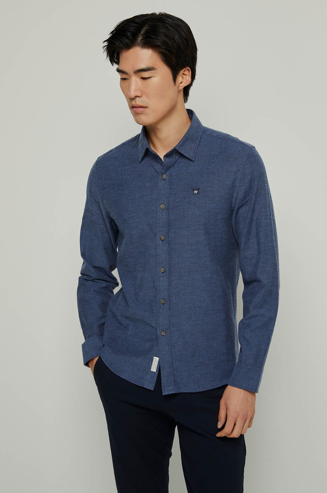 COTTON TWILL WASHED LONG SLEEVE SHIRT Navy / XXL