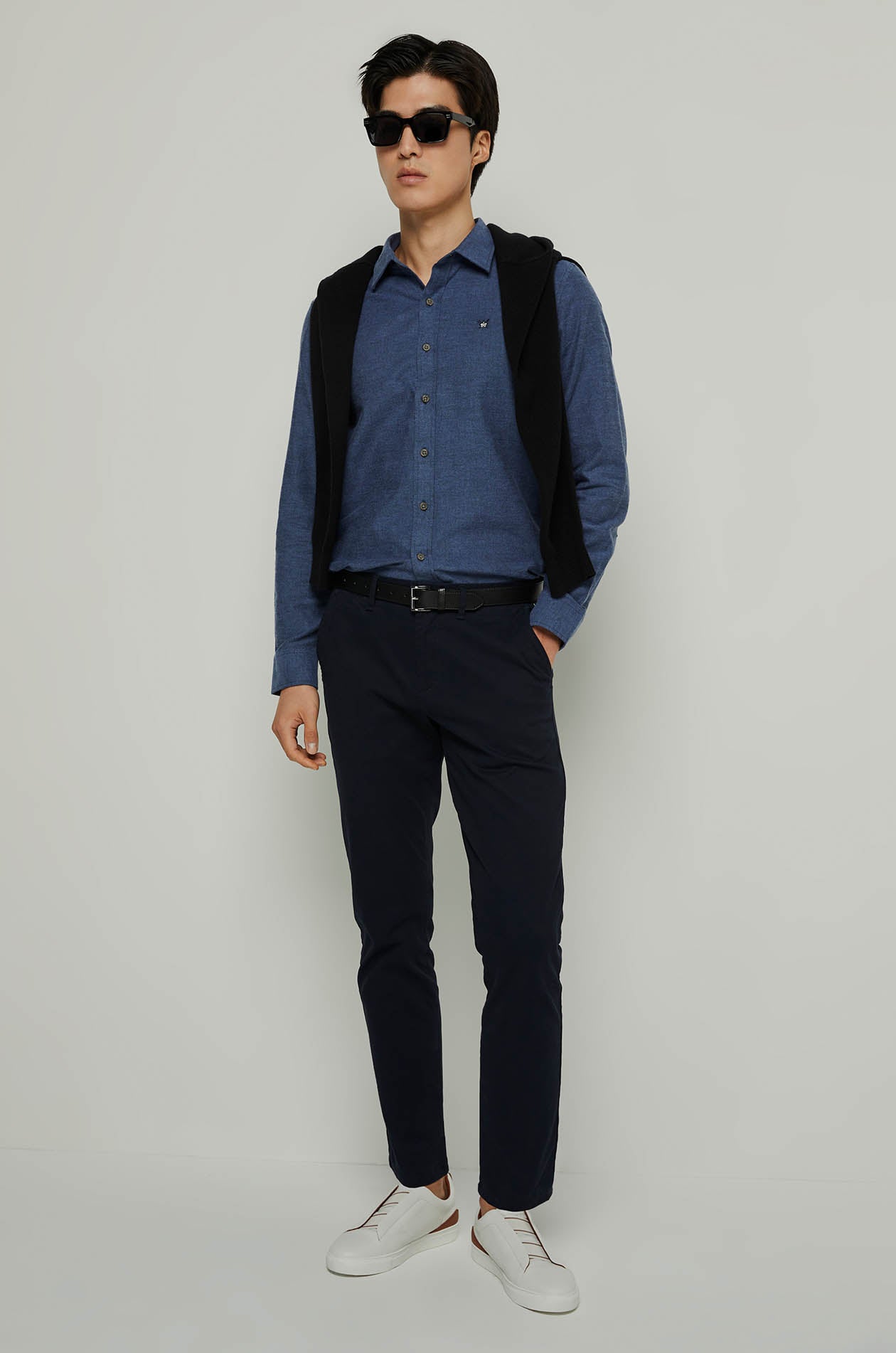 COTTON TWILL WASHED LONG SLEEVE SHIRT Navy / XXL