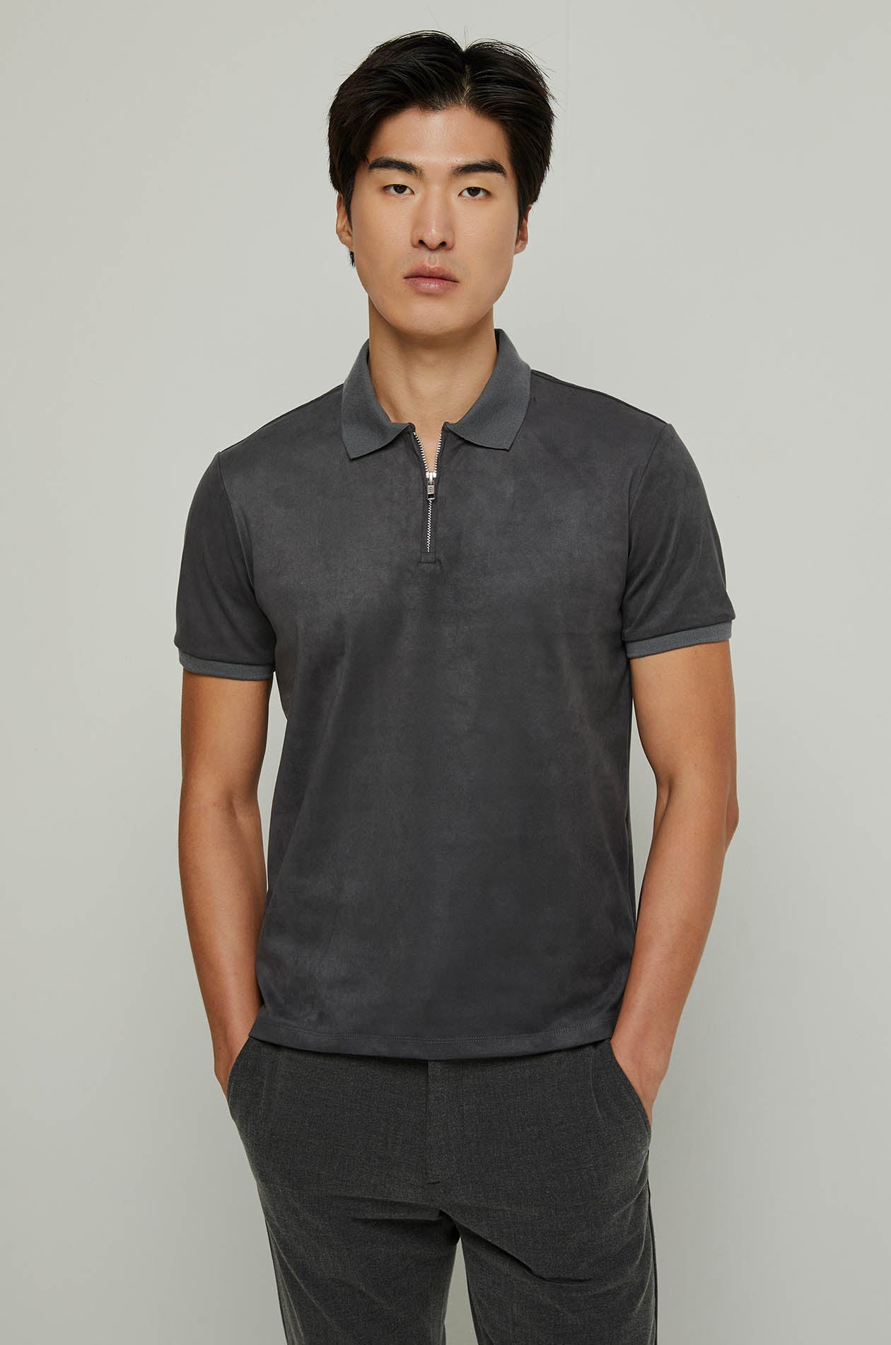 SUEDE HALF ZIP POLO SHIRT Dark Grey / XXL