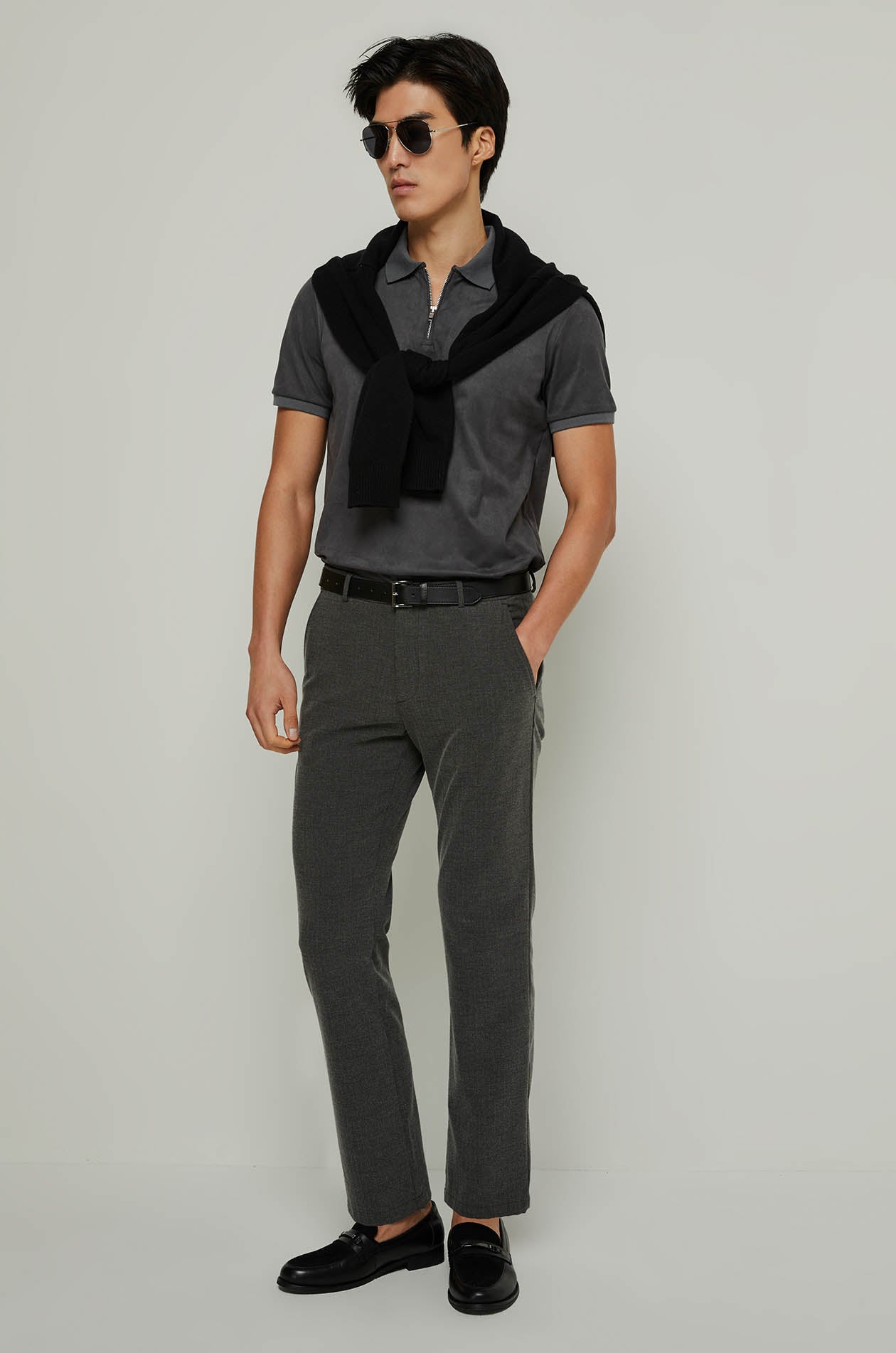 SUEDE HALF ZIP POLO SHIRT Dark Grey / XXL