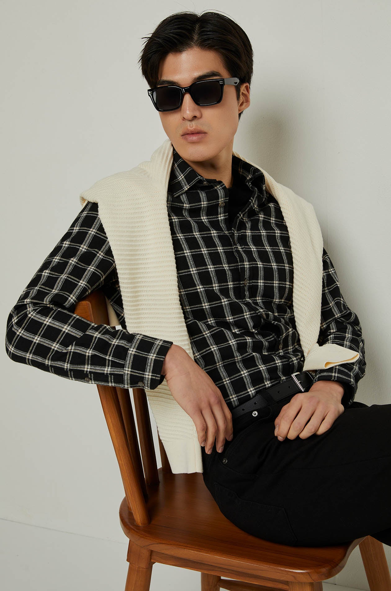 CHECKERED PRINTED LONG SLEEVE SHIRT Black / XXL