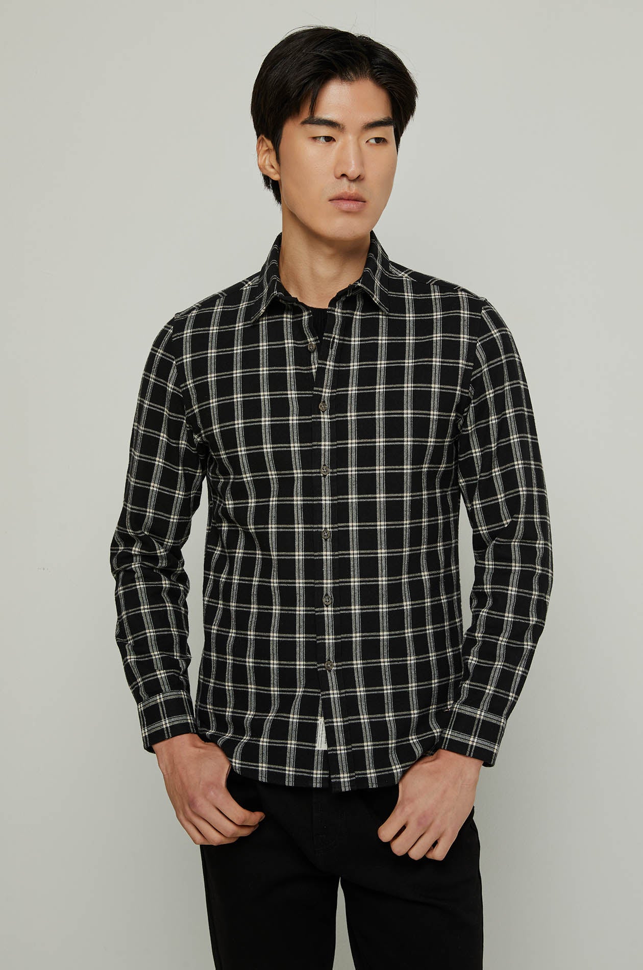 CHECKERED PRINTED LONG SLEEVE SHIRT Black / XXL