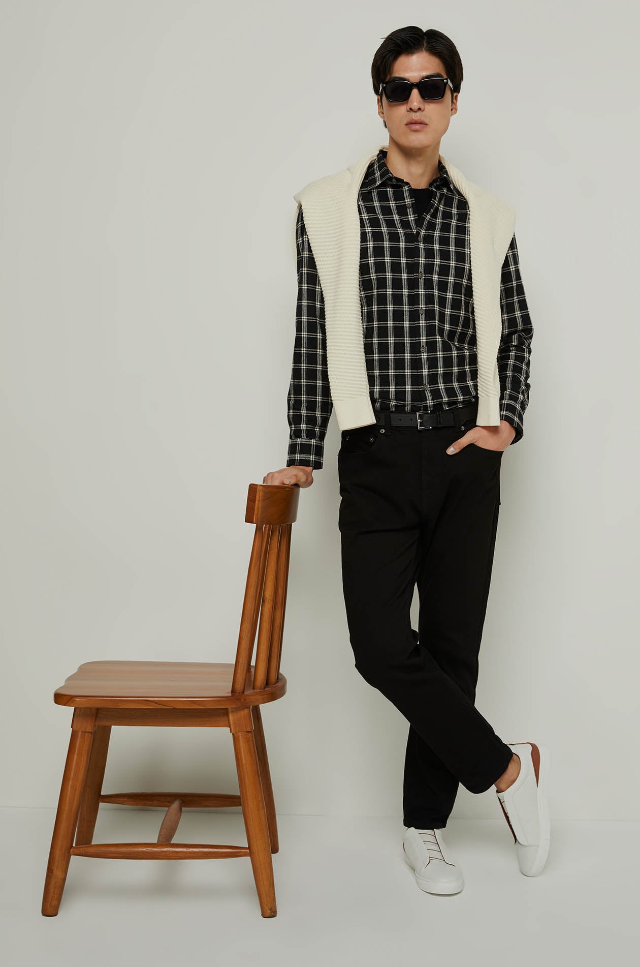 CHECKERED PRINTED LONG SLEEVE SHIRT Black / XXL