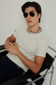 CROCHET STRIPED COLLAR TEE Dark Grey / XXL