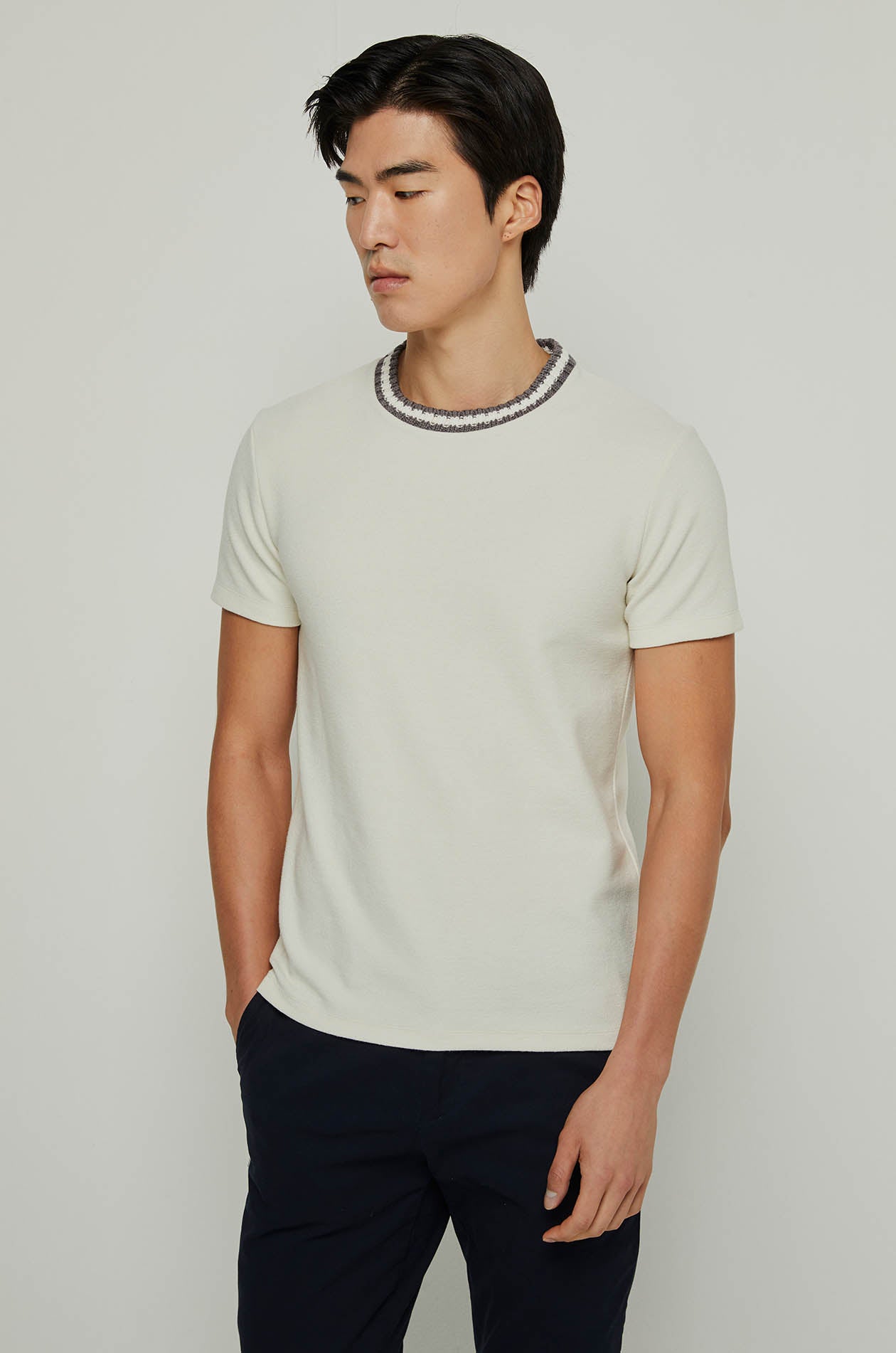 CROCHET STRIPED COLLAR TEE Dark Grey / XXL