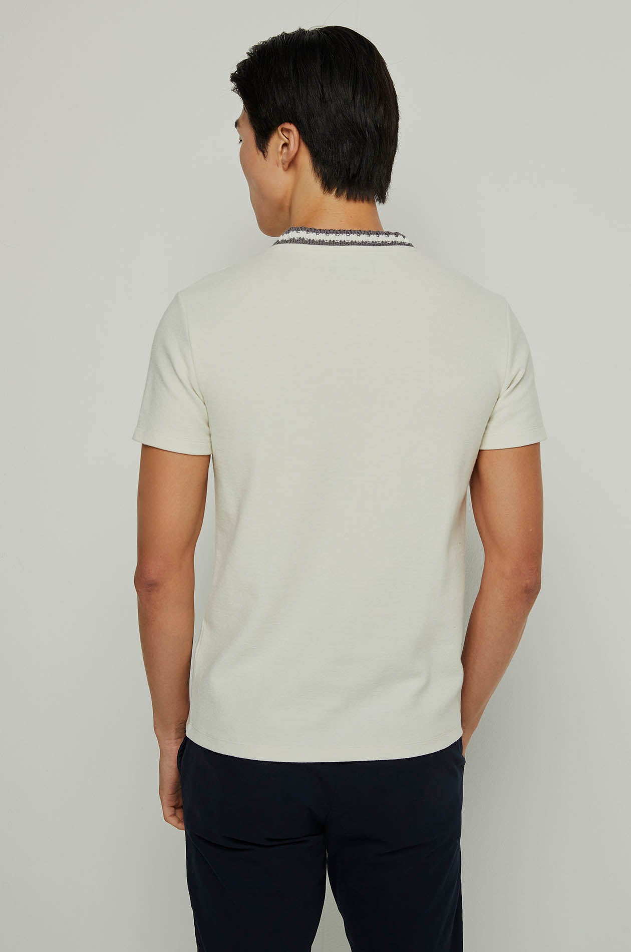 CROCHET STRIPED COLLAR TEE Dark Grey / XXL