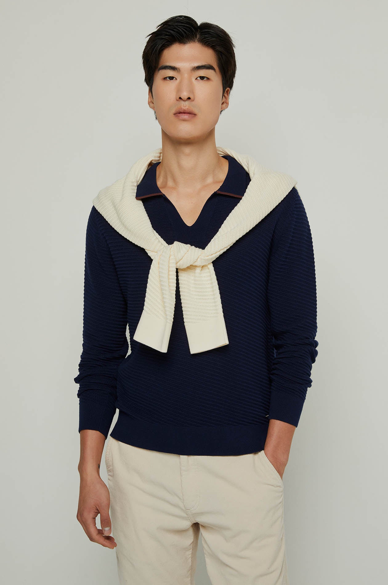 STRIPED TEXTURED LONG SLEEVE POLO