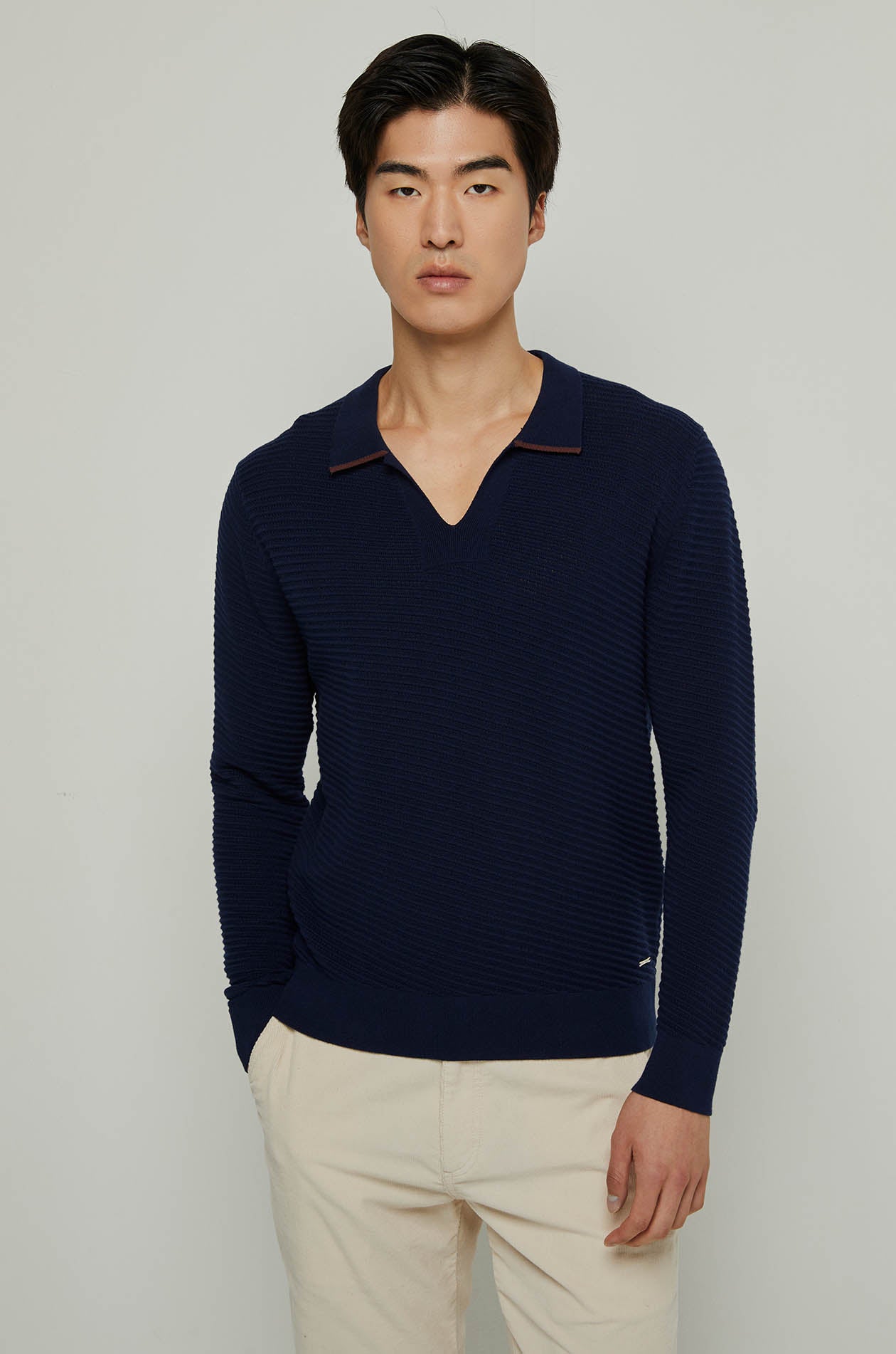 STRIPED TEXTURED LONG SLEEVE POLO