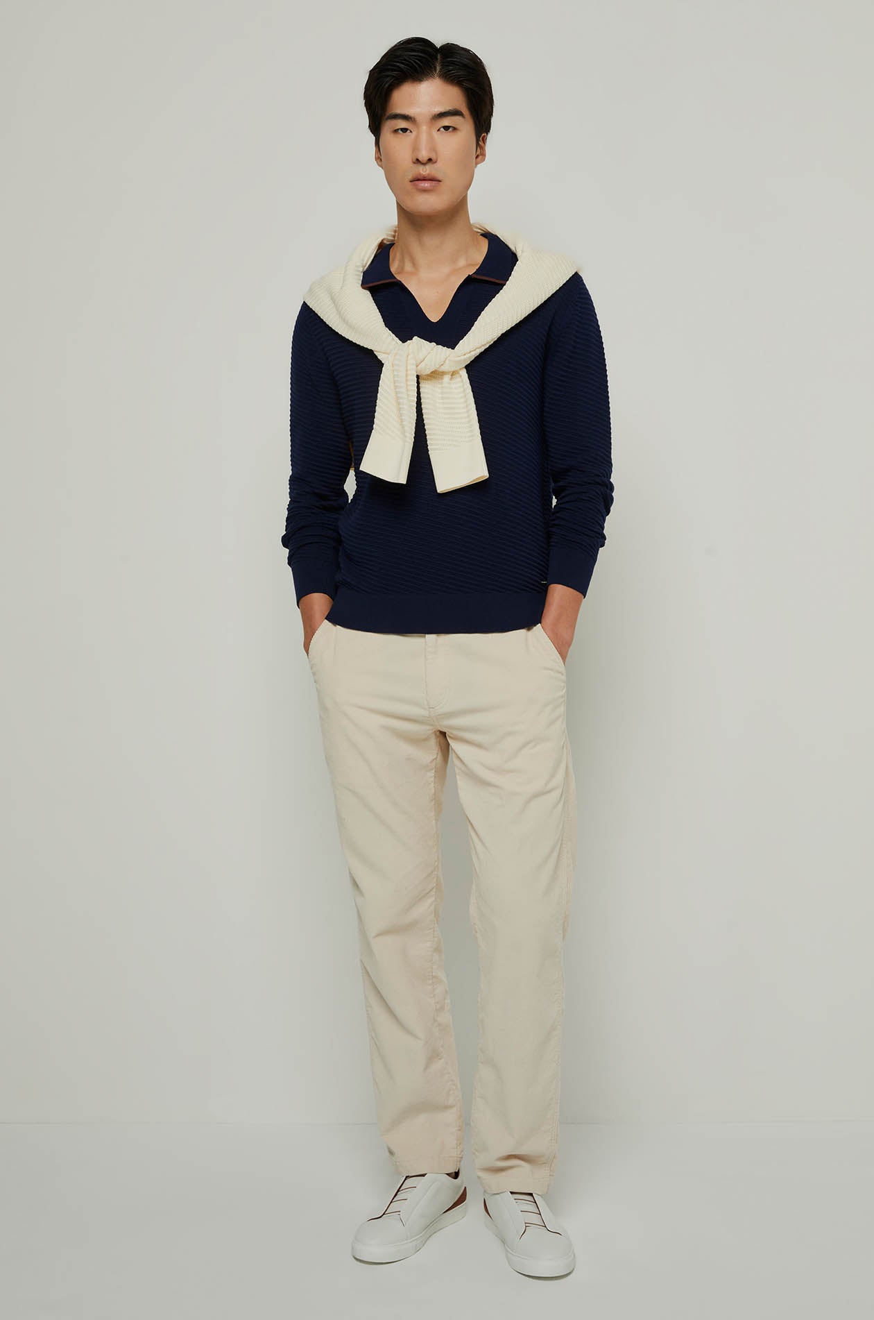 STRIPED TEXTURED LONG SLEEVE POLO