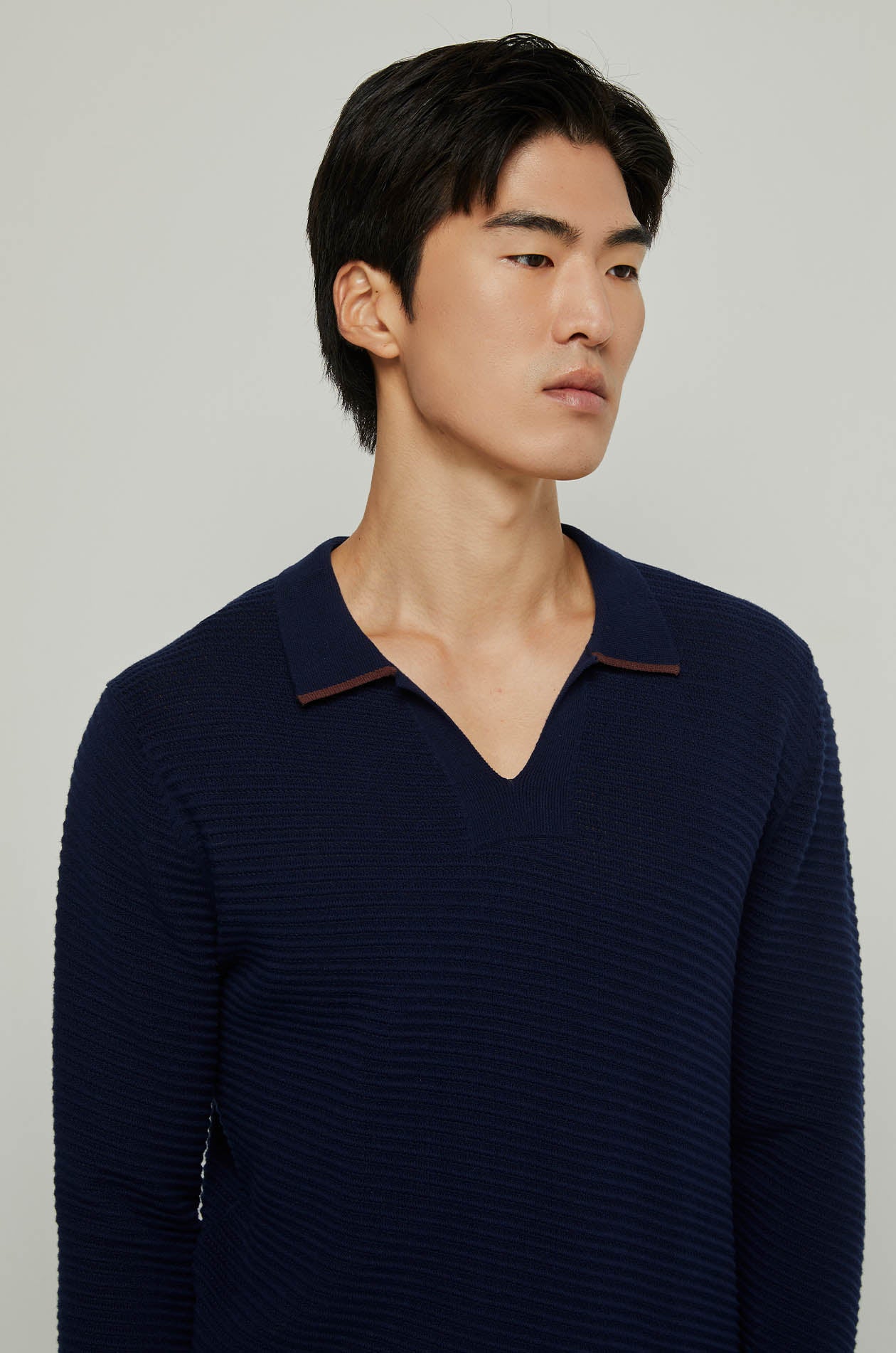 STRIPED TEXTURED LONG SLEEVE POLO