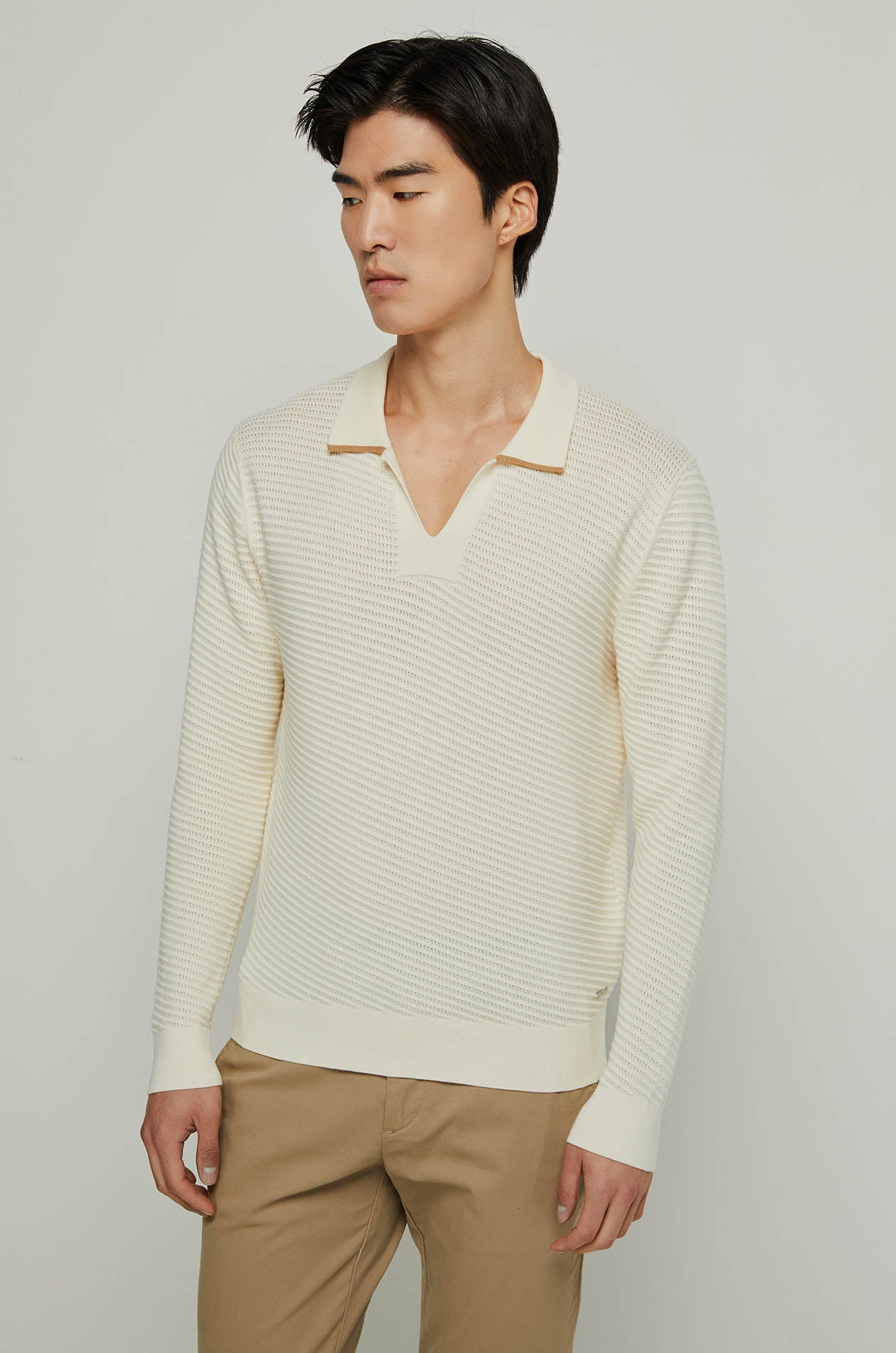 STRIPED TEXTURED LONG SLEEVE POLO Off White / XXL