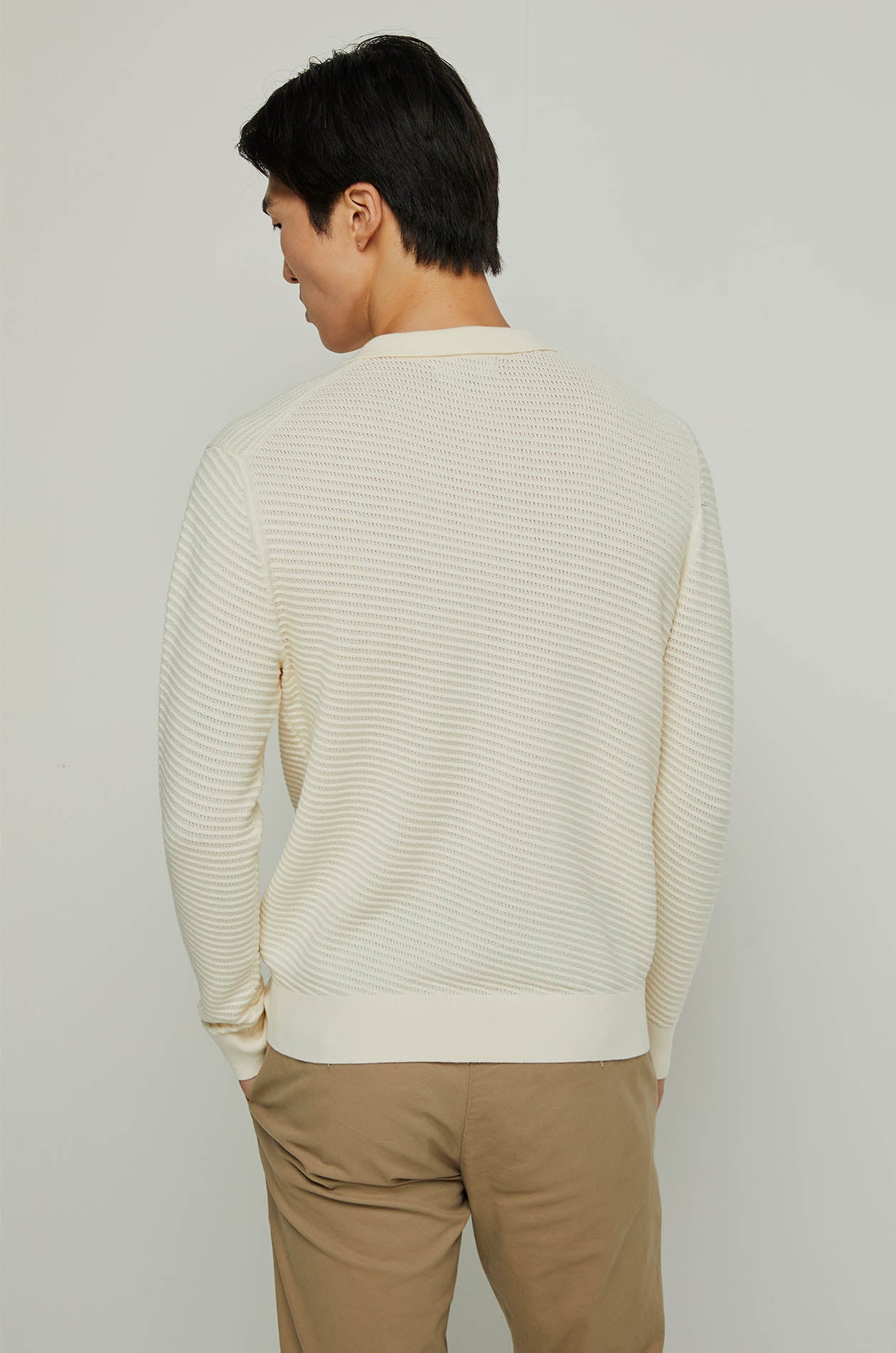 STRIPED TEXTURED LONG SLEEVE POLO Off White / XXL