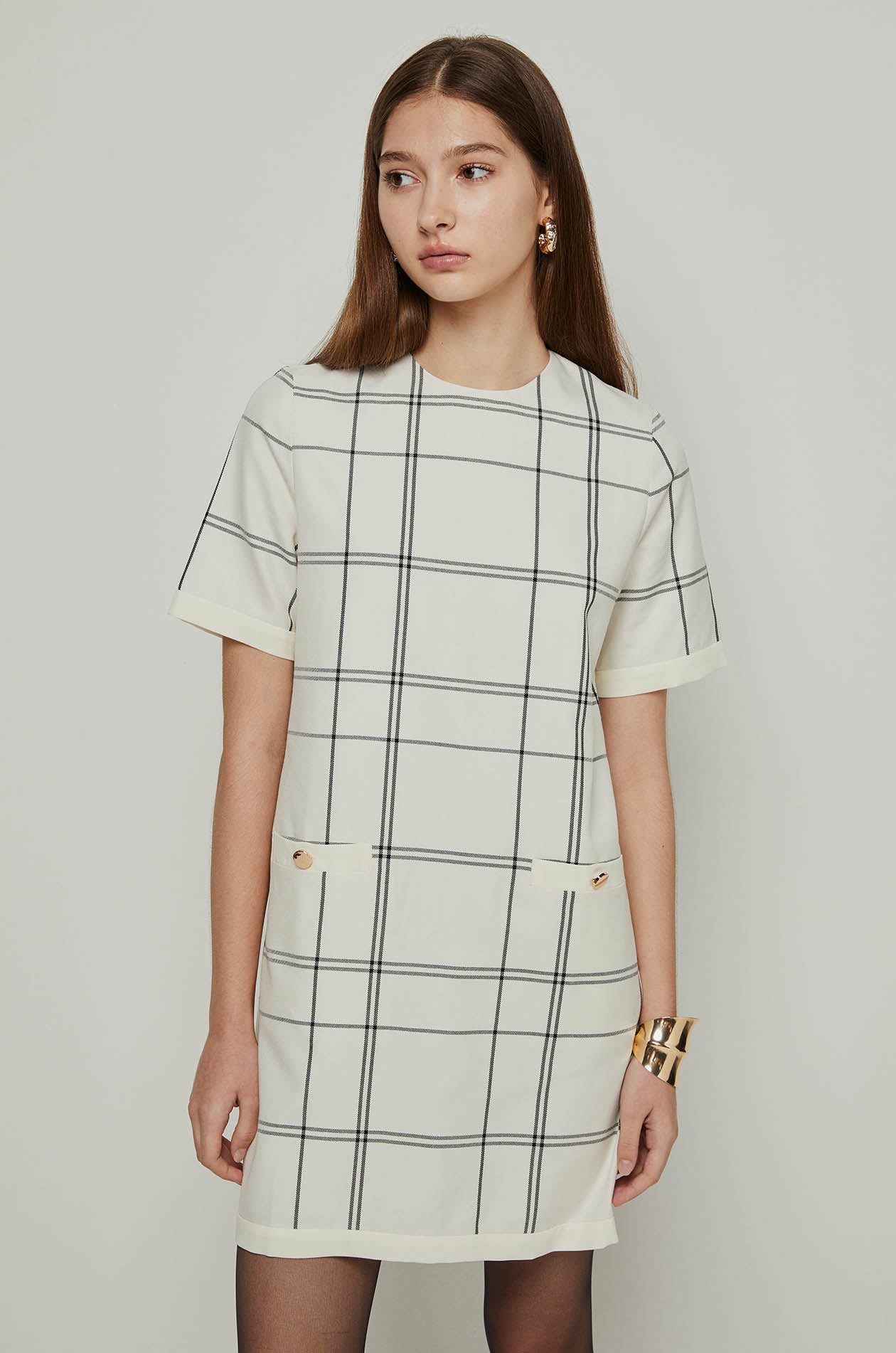 SHORT SLEEVE CHECK SHIFT DRESS