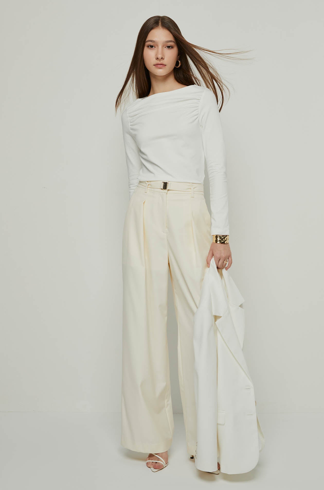 WIDE LEG PANTS WITH METAL BUCKLE Navy / XL