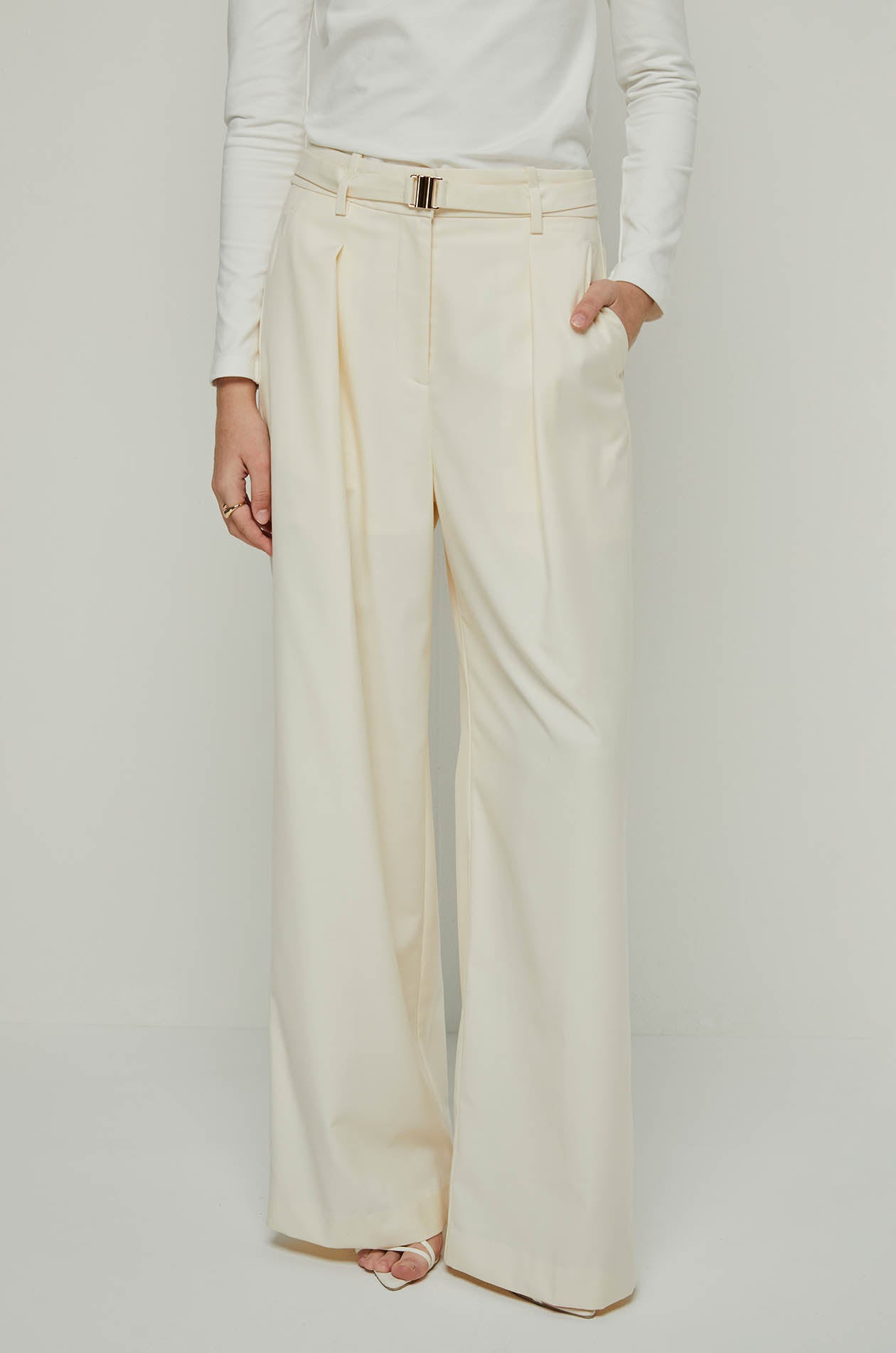 WIDE LEG PANTS WITH METAL BUCKLE Navy / XL
