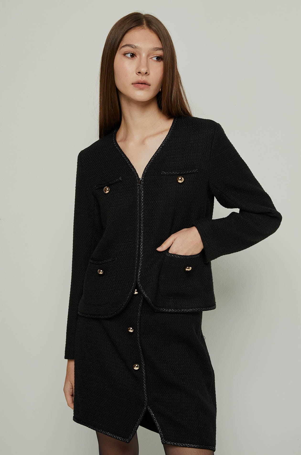 LONG SLEEVE TWEED JACKET Black / XL