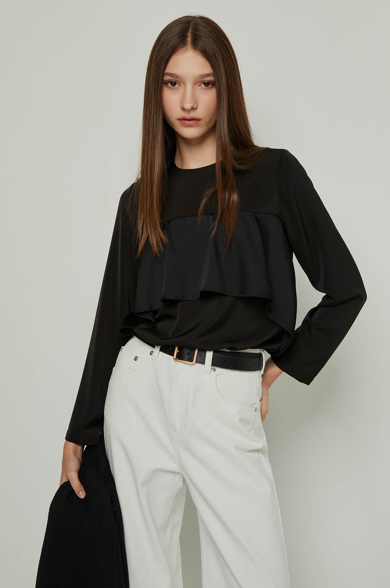 LAYERED RUFFLE FRONT BLOUSE Black / XL