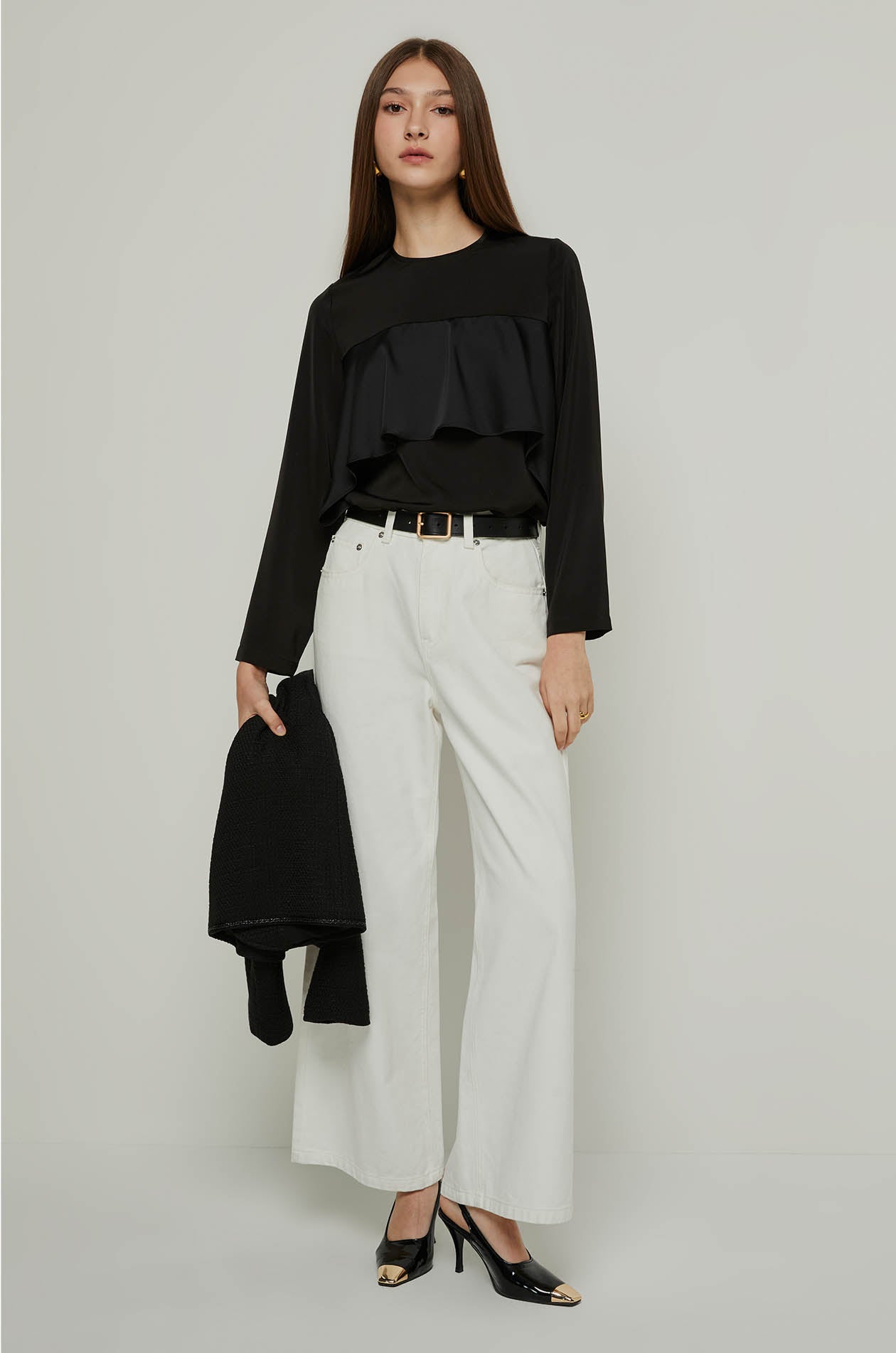 LAYERED RUFFLE FRONT BLOUSE Black / XL