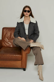 CROPPED FAUX FUR COLLAR JACKET Grey / XL