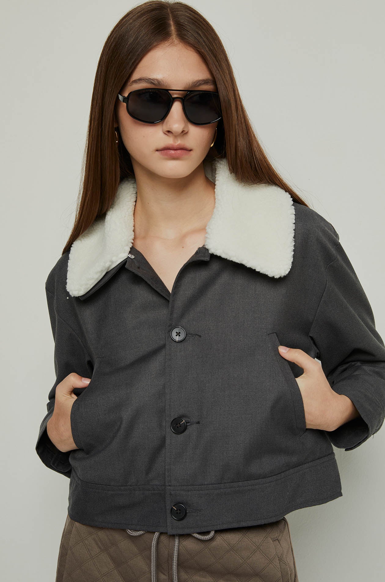 CROPPED FAUX FUR COLLAR JACKET Grey / XL