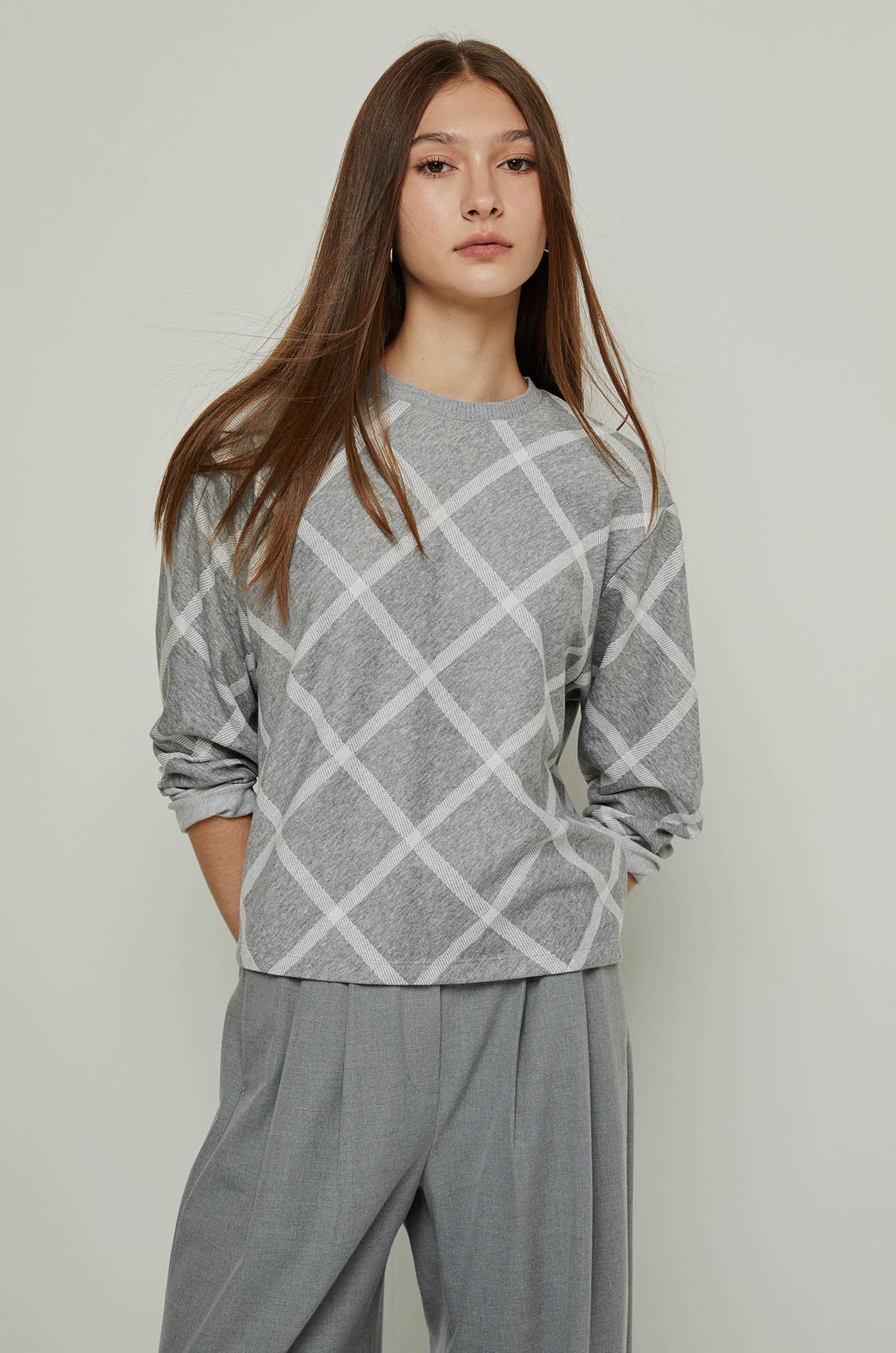 LONG SLEEVE ARGYLE PRINTED TOP Grey / XL