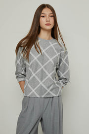 LONG SLEEVE ARGYLE PRINTED TOP Grey / XL