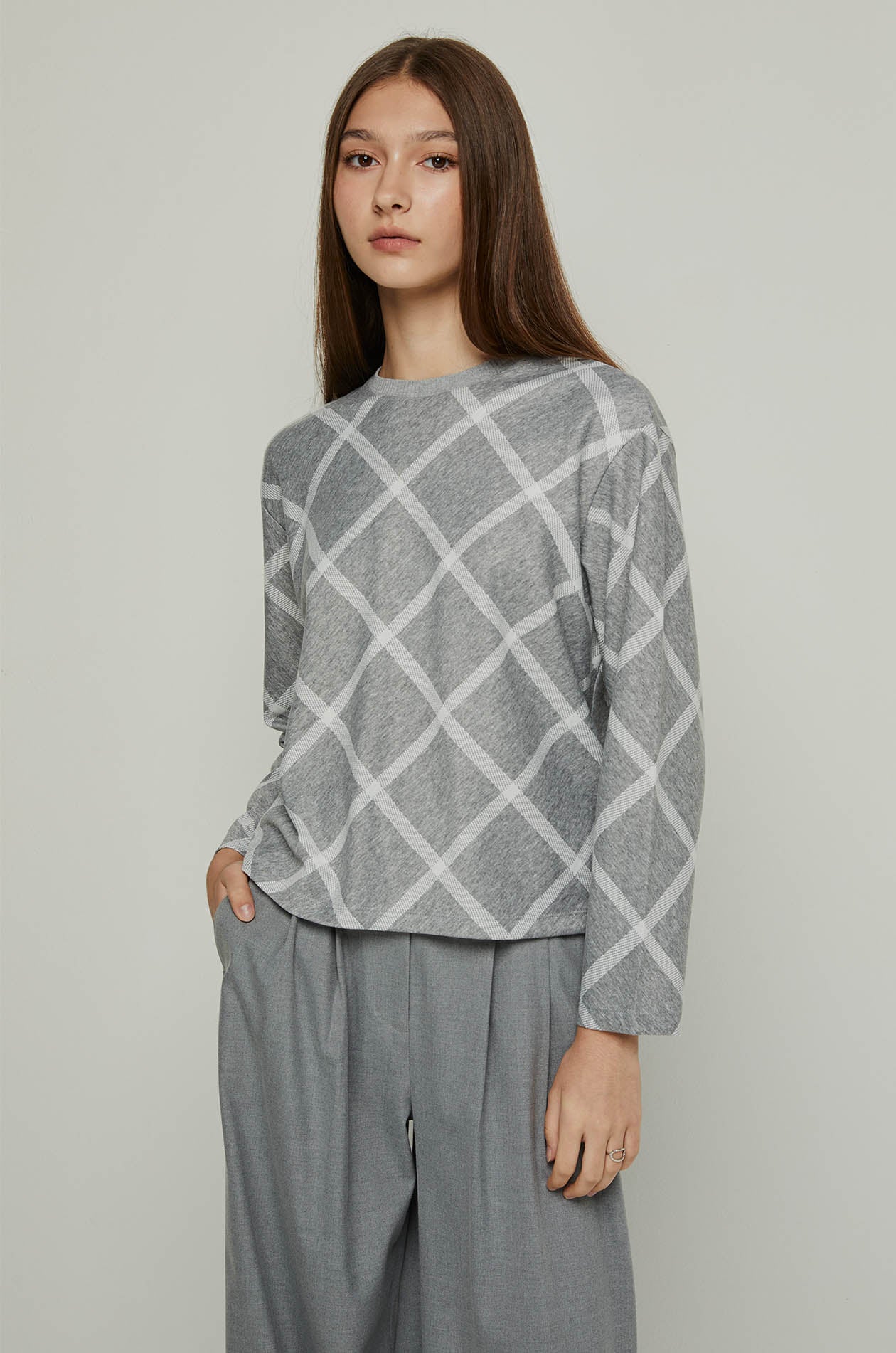 LONG SLEEVE ARGYLE PRINTED TOP Grey / XL