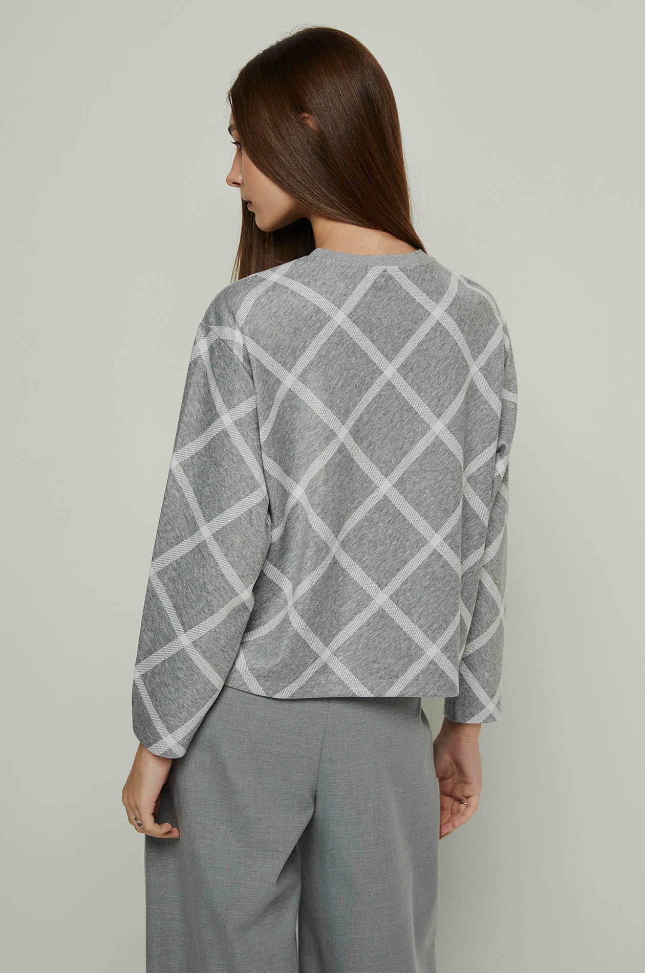 LONG SLEEVE ARGYLE PRINTED TOP Grey / XL