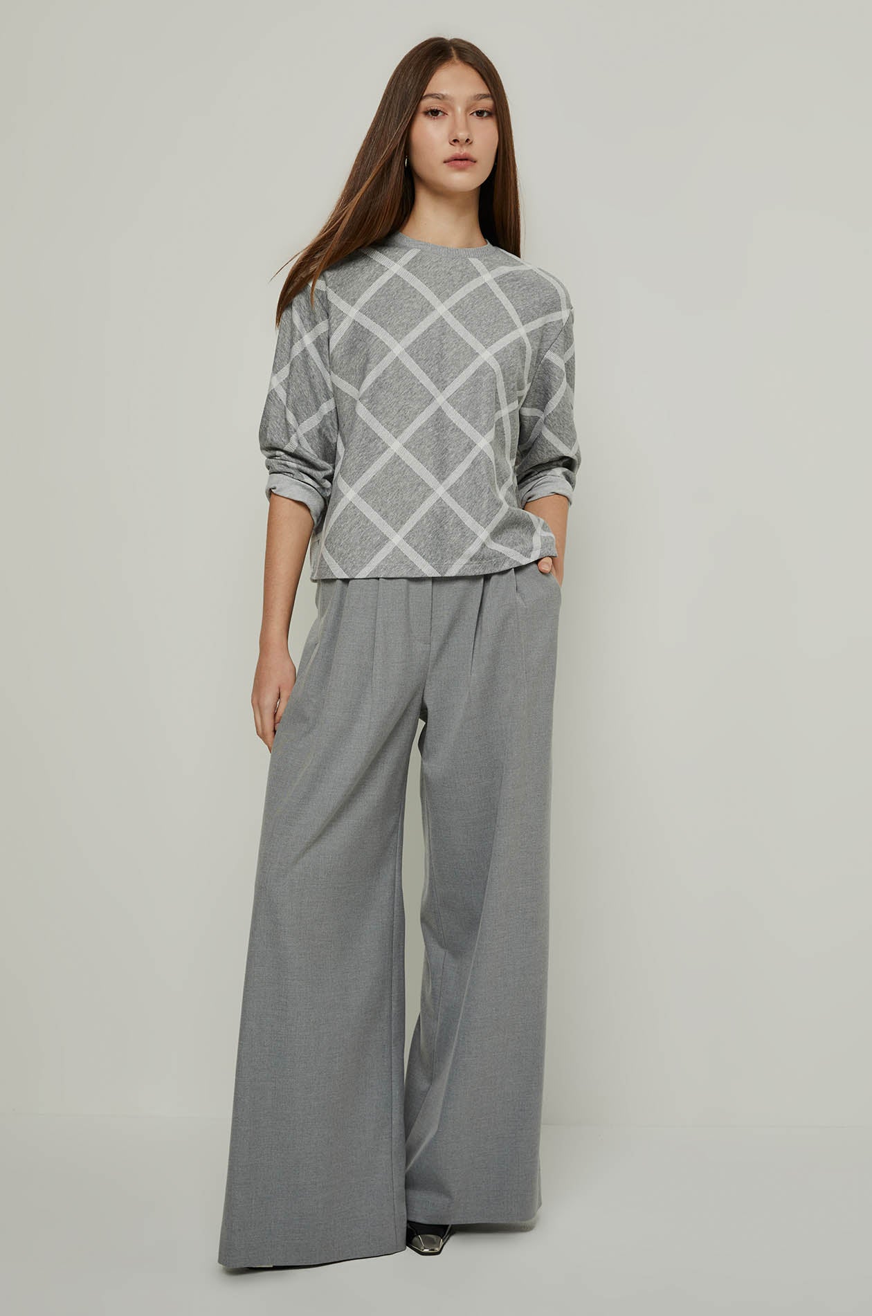 LONG SLEEVE ARGYLE PRINTED TOP Grey / XL