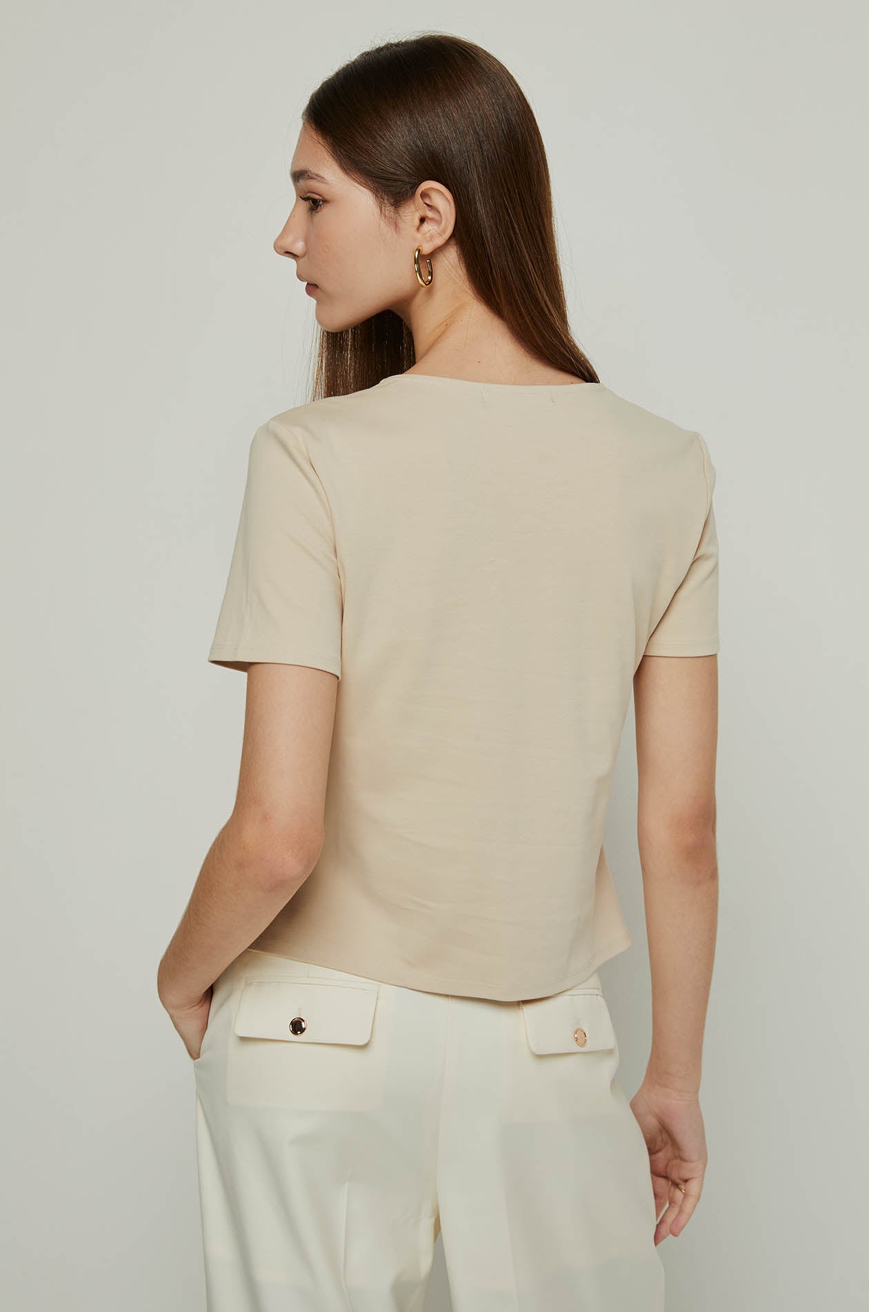 SHORT SLEEVE DRAPED TOP Beige / XL