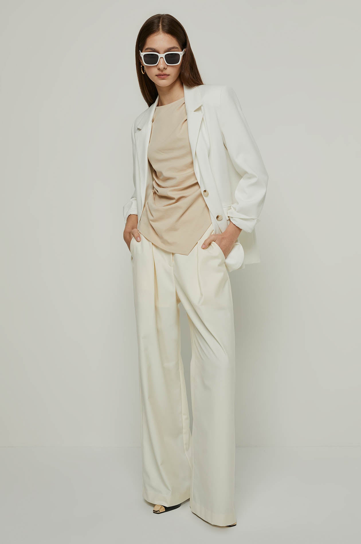 SHORT SLEEVE DRAPED TOP Beige / XL