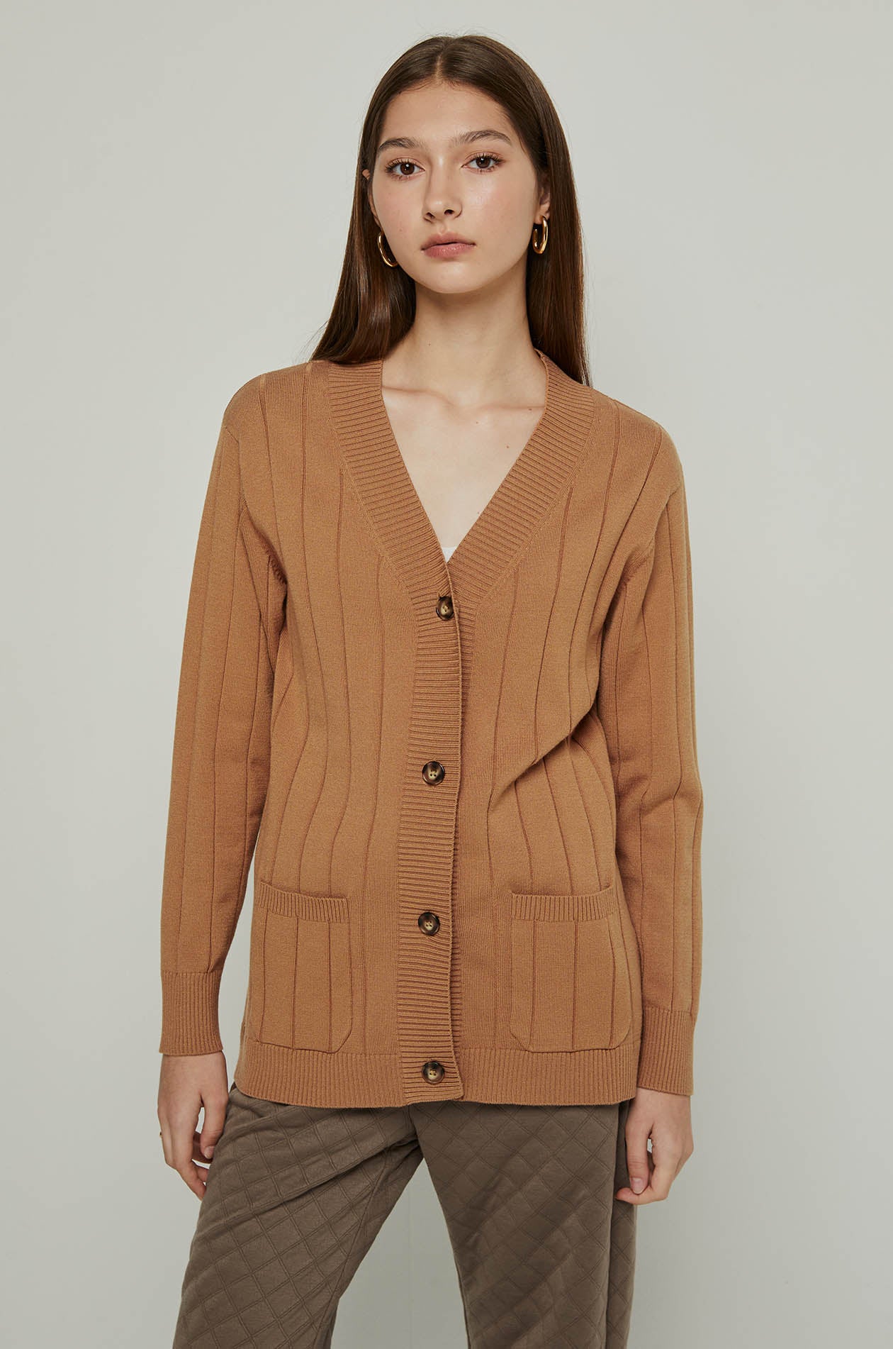 RIBBED KNIT CARDIGAN Brown / L
