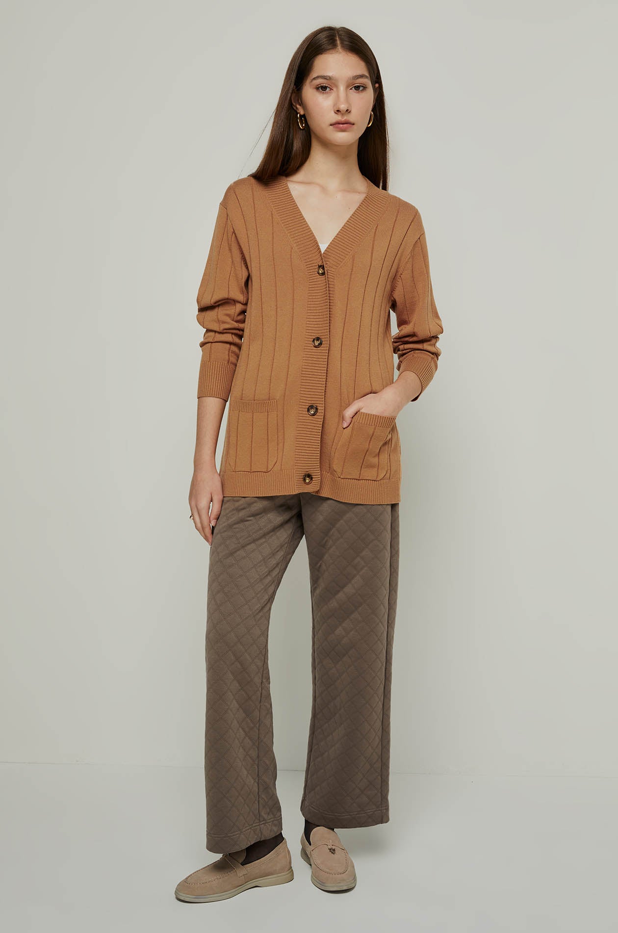RIBBED KNIT CARDIGAN Brown / L