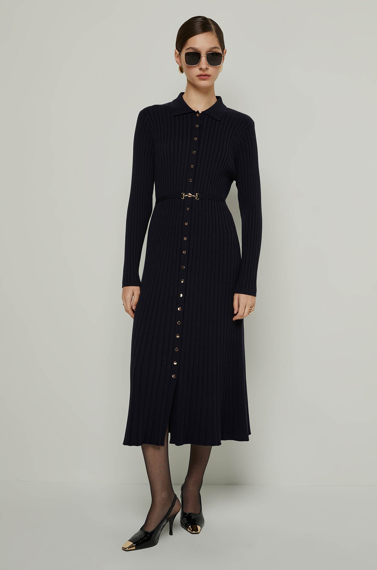 LONG SLEEVE RIBBED KNIT DRESS Navy / XL