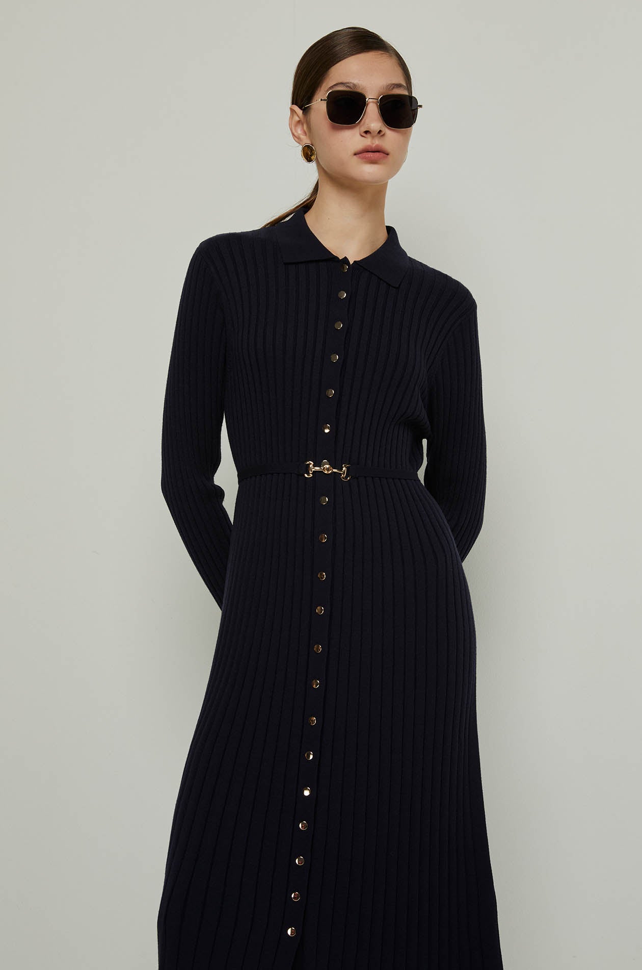 LONG SLEEVE RIBBED KNIT DRESS Navy / XL