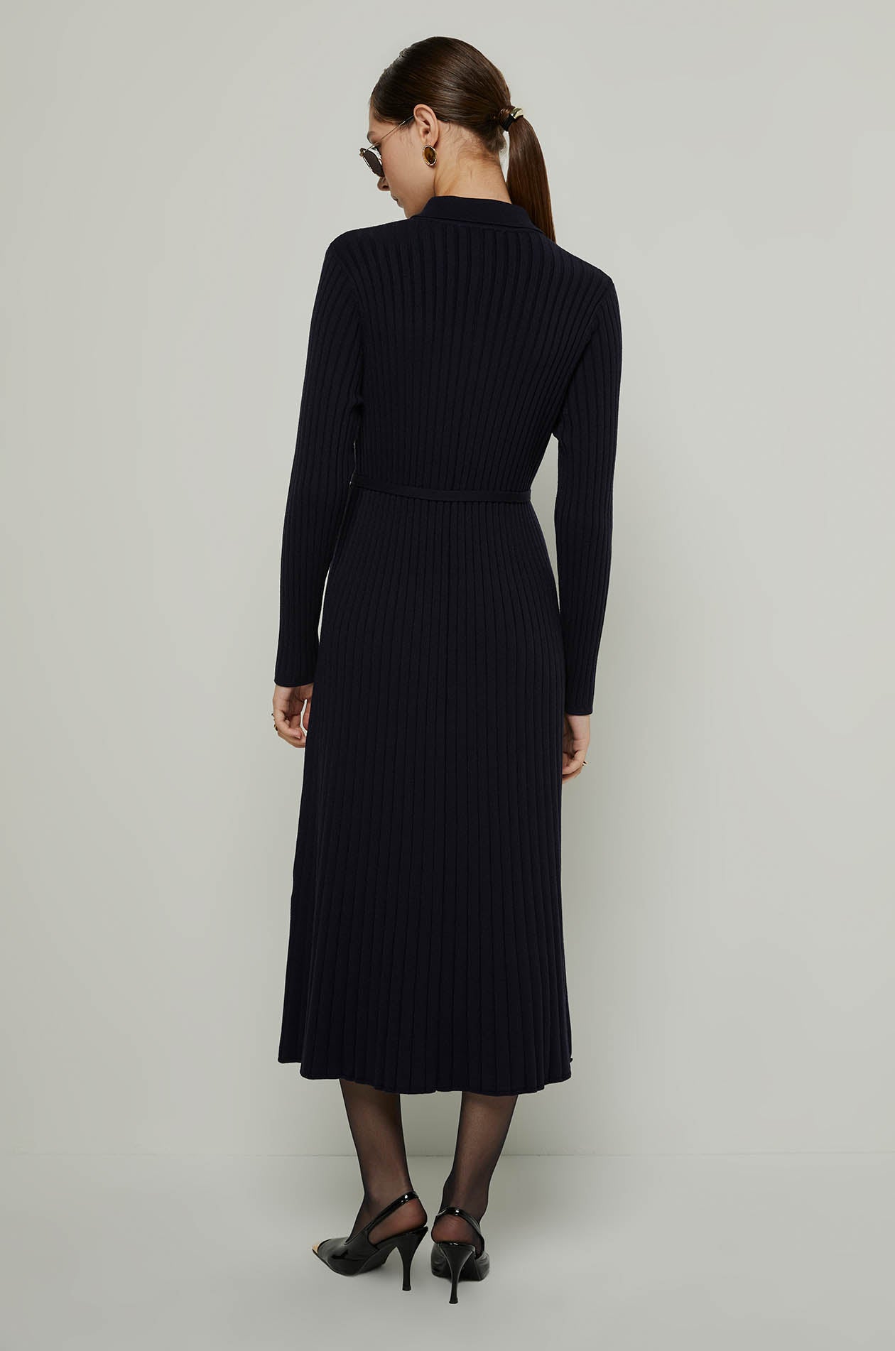LONG SLEEVE RIBBED KNIT DRESS Navy / XL
