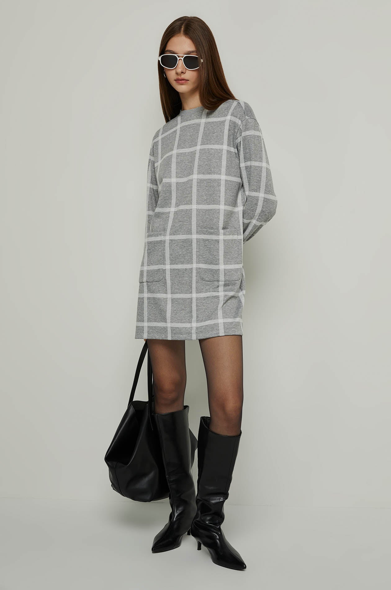 LONG SLEEVE CHECKED DRESS Grey / XL