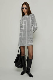 LONG SLEEVE CHECKED DRESS Grey / XL