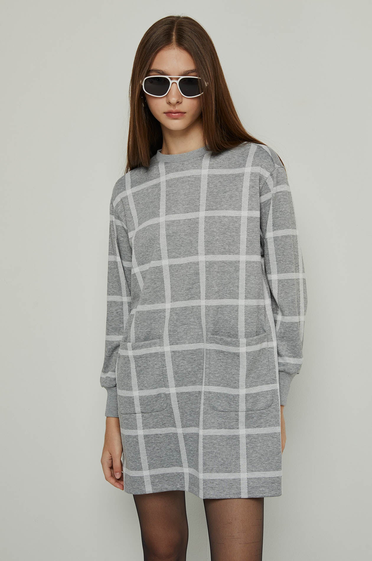 LONG SLEEVE CHECKED DRESS Grey / XL