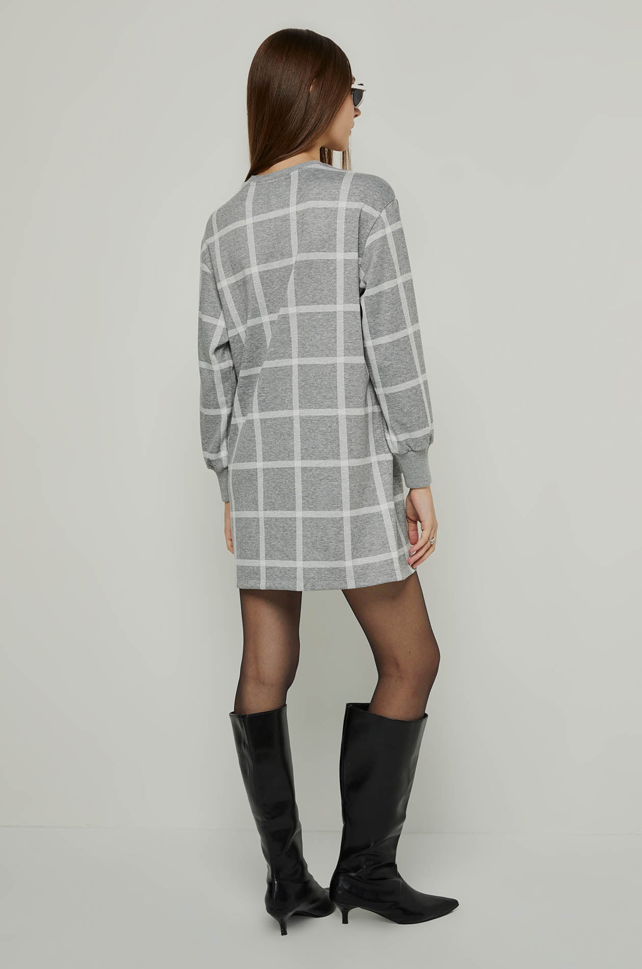 LONG SLEEVE CHECKED DRESS Grey / XL