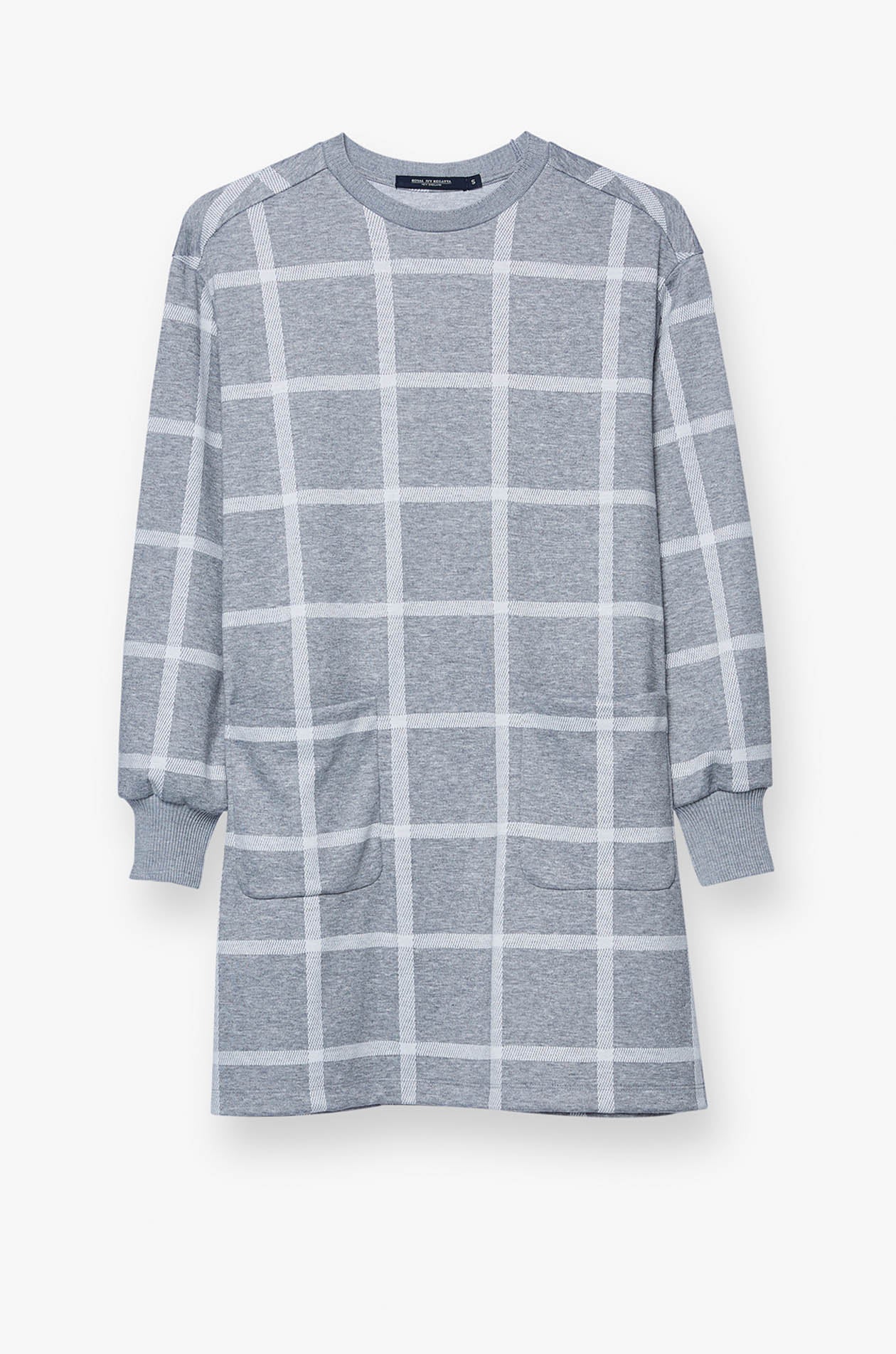 LONG SLEEVE CHECKED DRESS Grey / XL