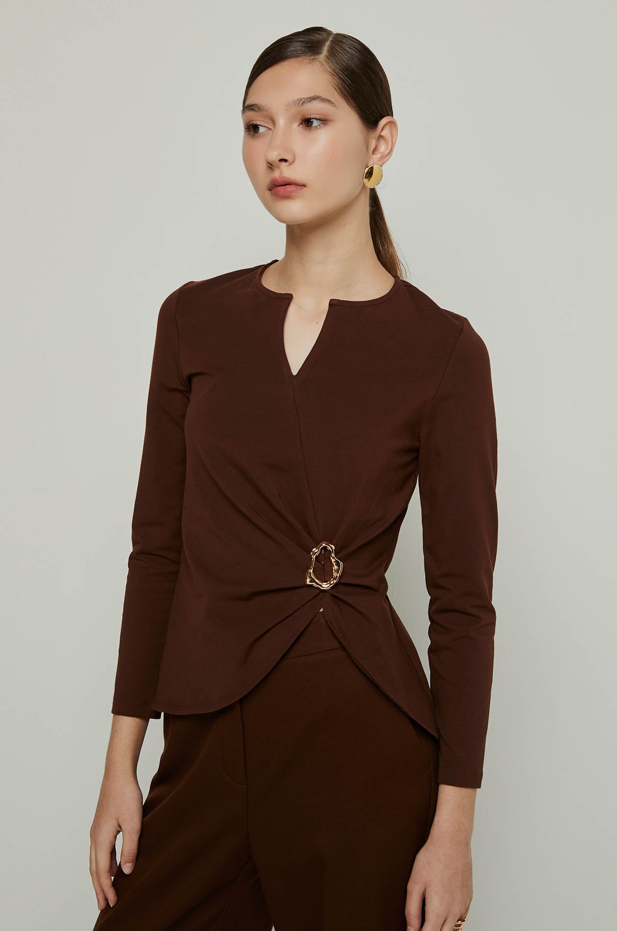 LONG SLEEVE RING DETAIL TOP Brown / XL