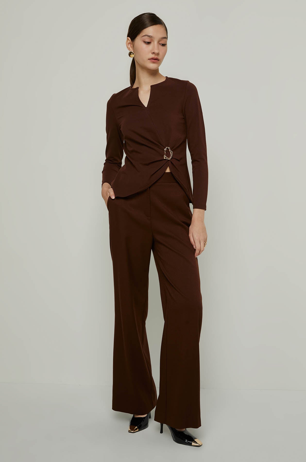 LONG SLEEVE RING DETAIL TOP Brown / XL