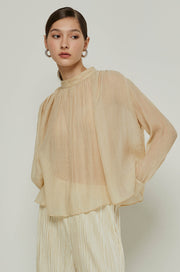 DRAPED MOCK NECK BLOUSE Brown / XL